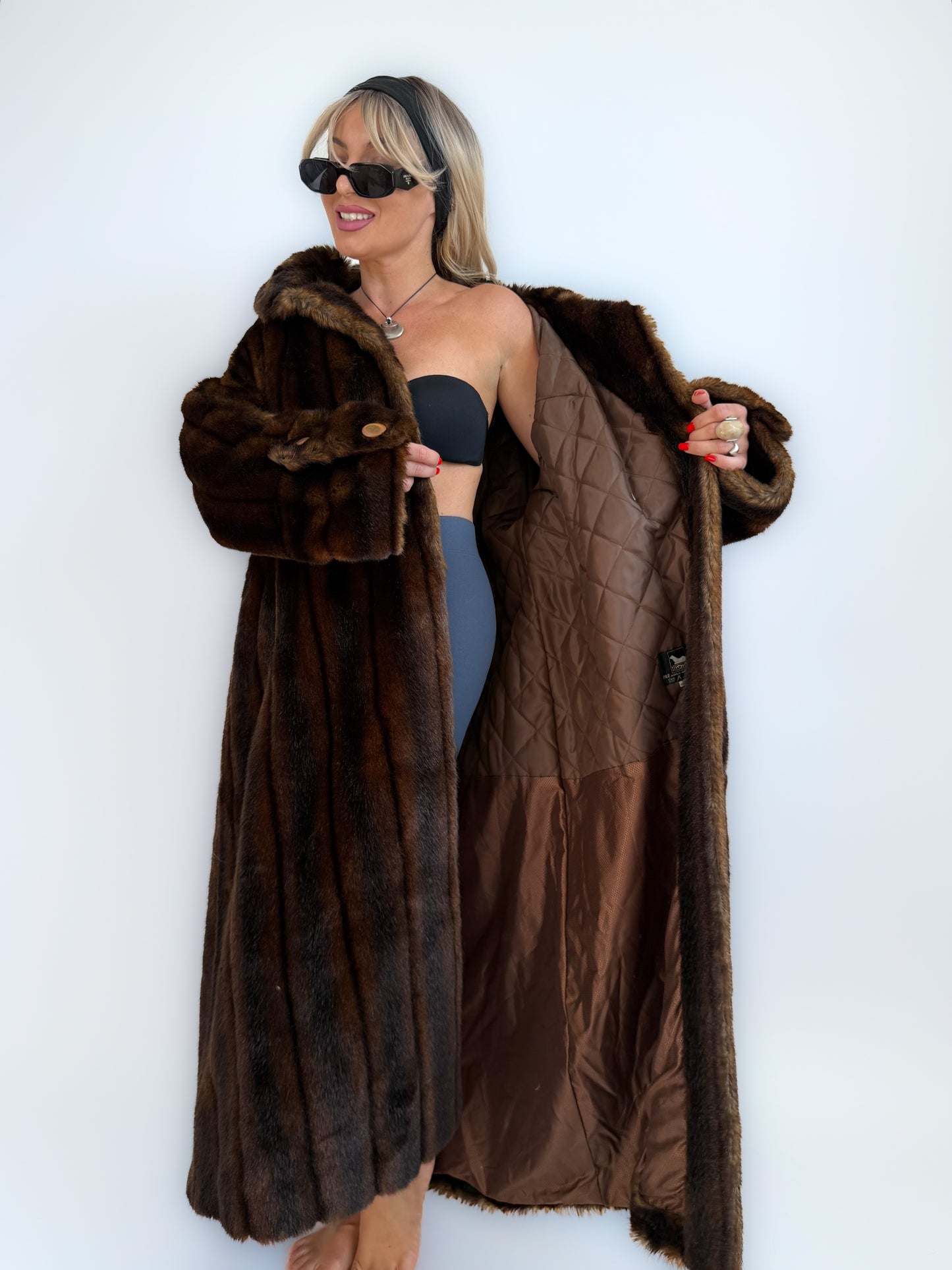Vintage Long Brown Faux Fur Coat – 90s Full Length Mob Wife Style Winter Jacket - L