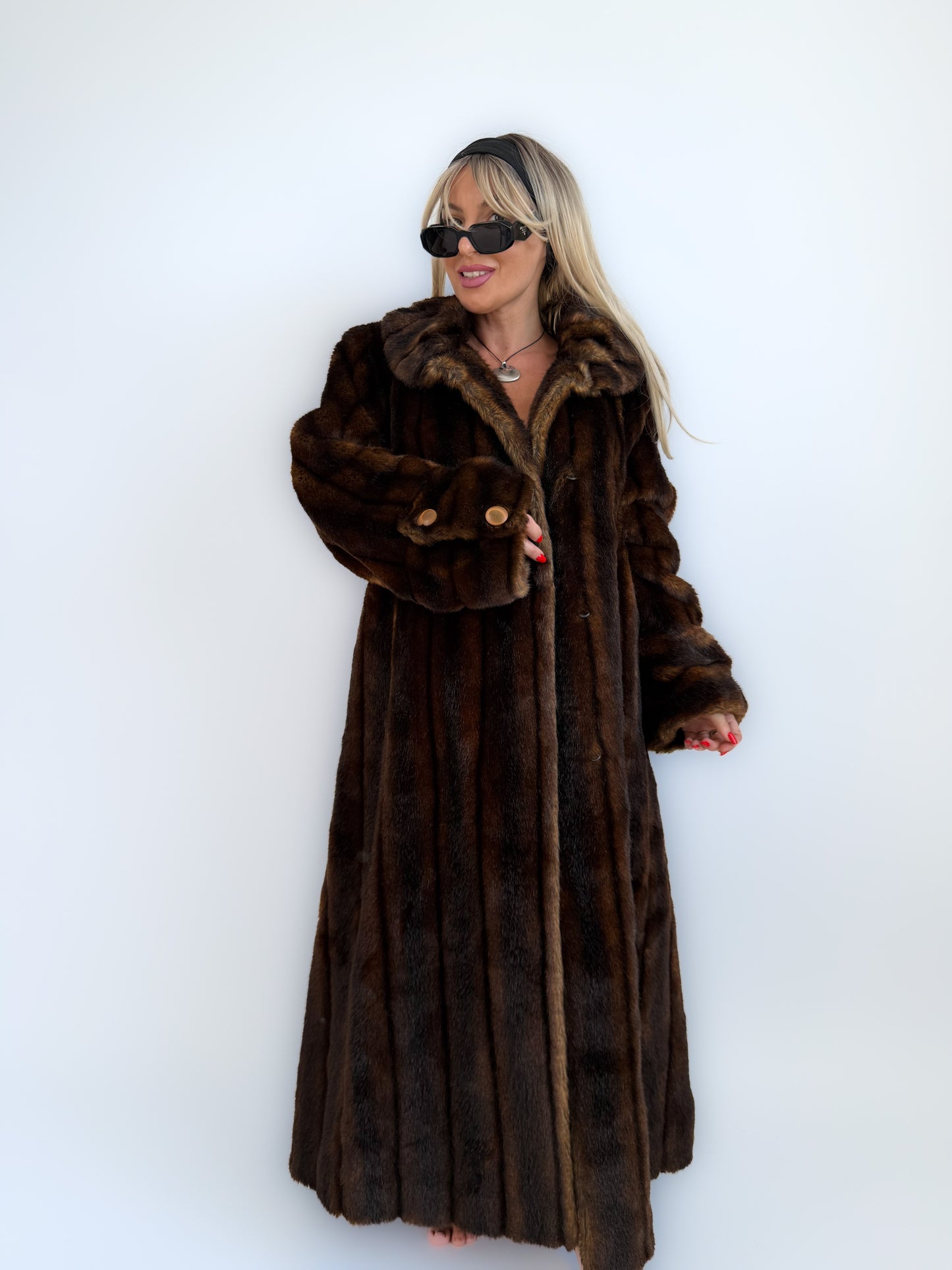 Vintage Long Brown Faux Fur Coat – 90s Full Length Mob Wife Style Winter Jacket - L