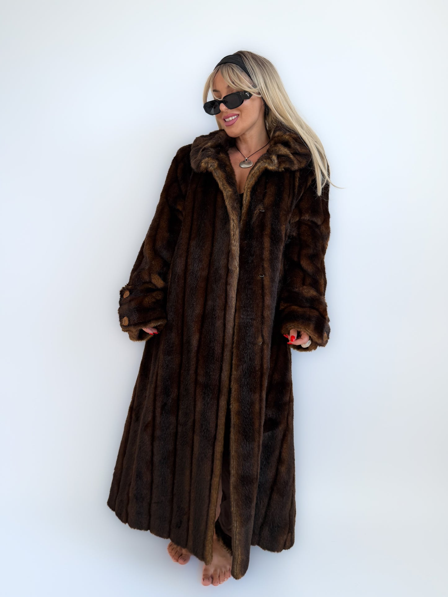 Vintage Long Brown Faux Fur Coat – 90s Full Length Mob Wife Style Winter Jacket - L