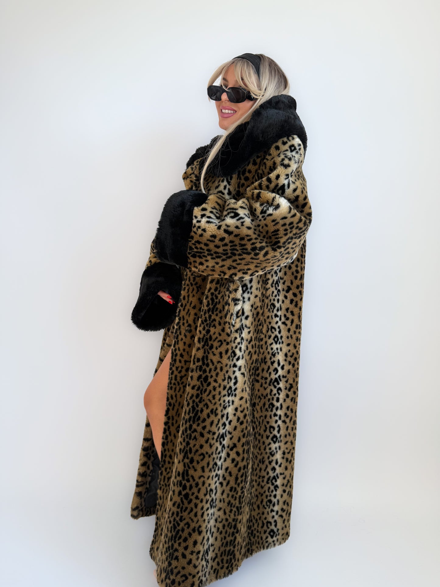 Vintage 90s Leopard Print Faux Fur Maxi Long Coat – Oversized Hooded Mob Wife Statement Jacket L-XL