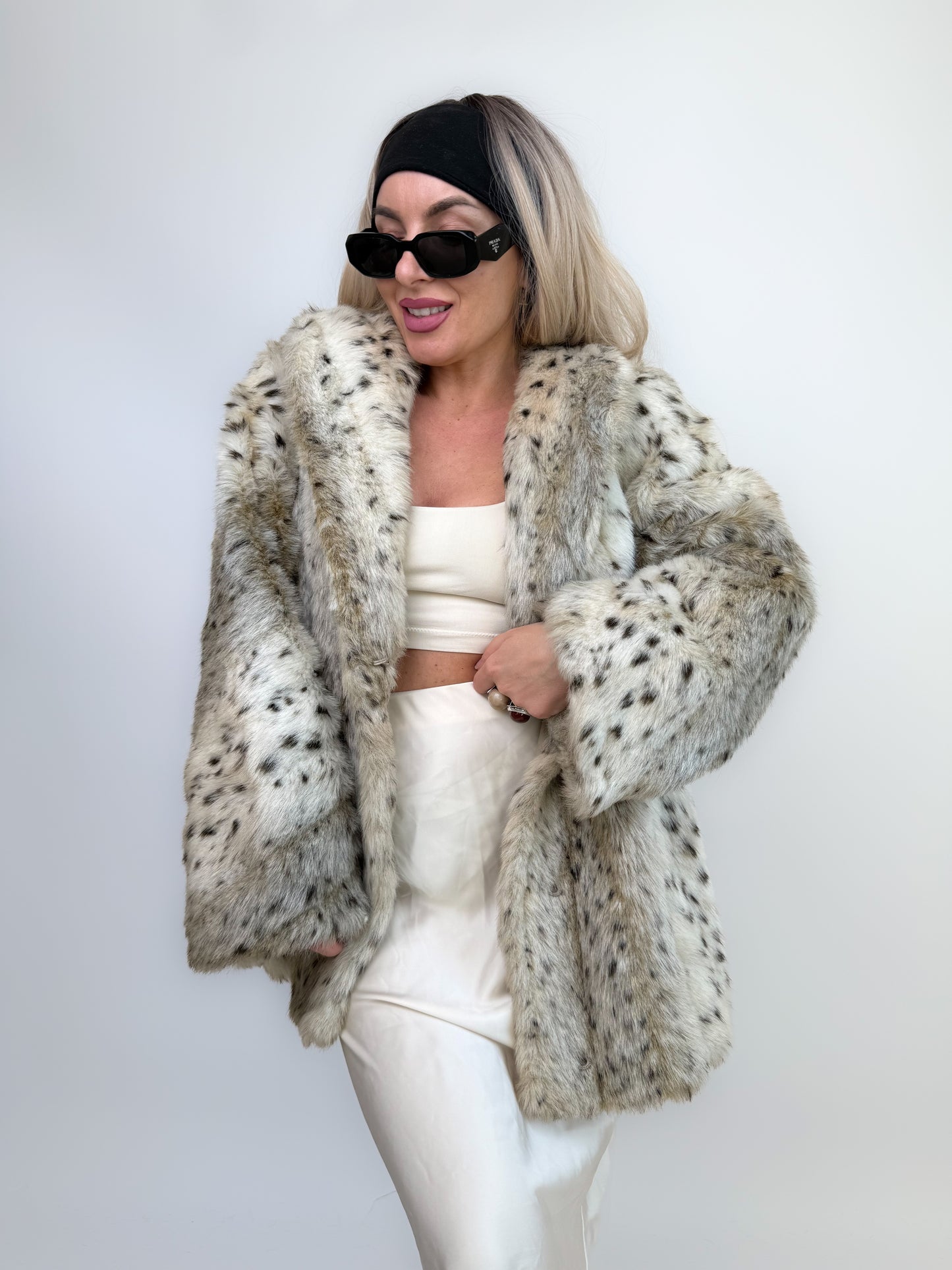 Vintage Faux Fur Snow Fox Leopard Animal Print Winter Coat  XS-S