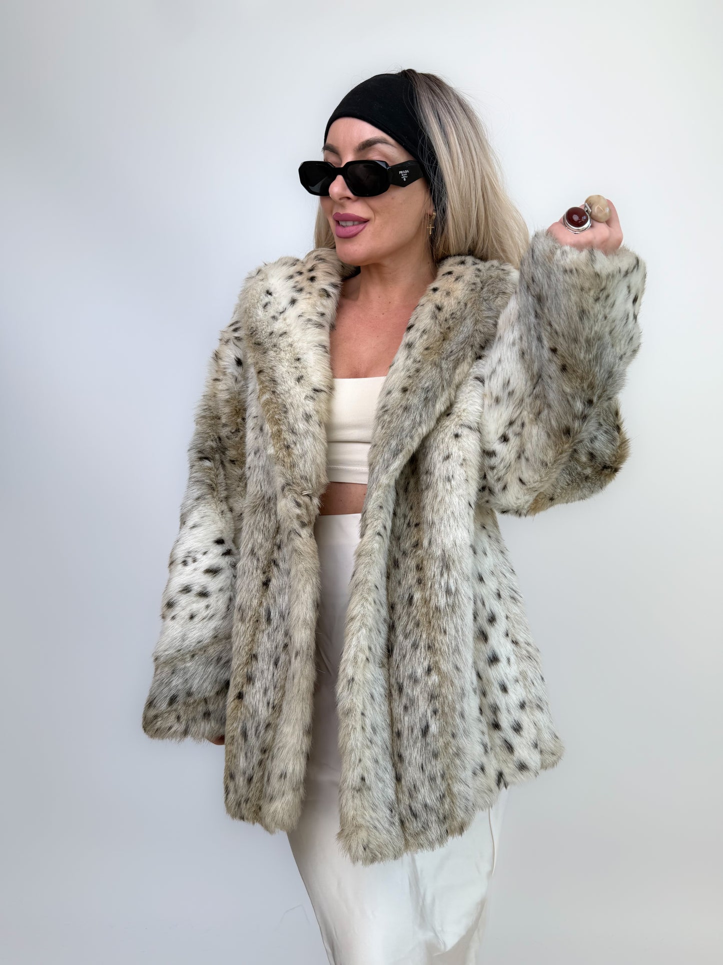 Vintage Faux Fur Snow Fox Leopard Animal Print Winter Coat  XS-S
