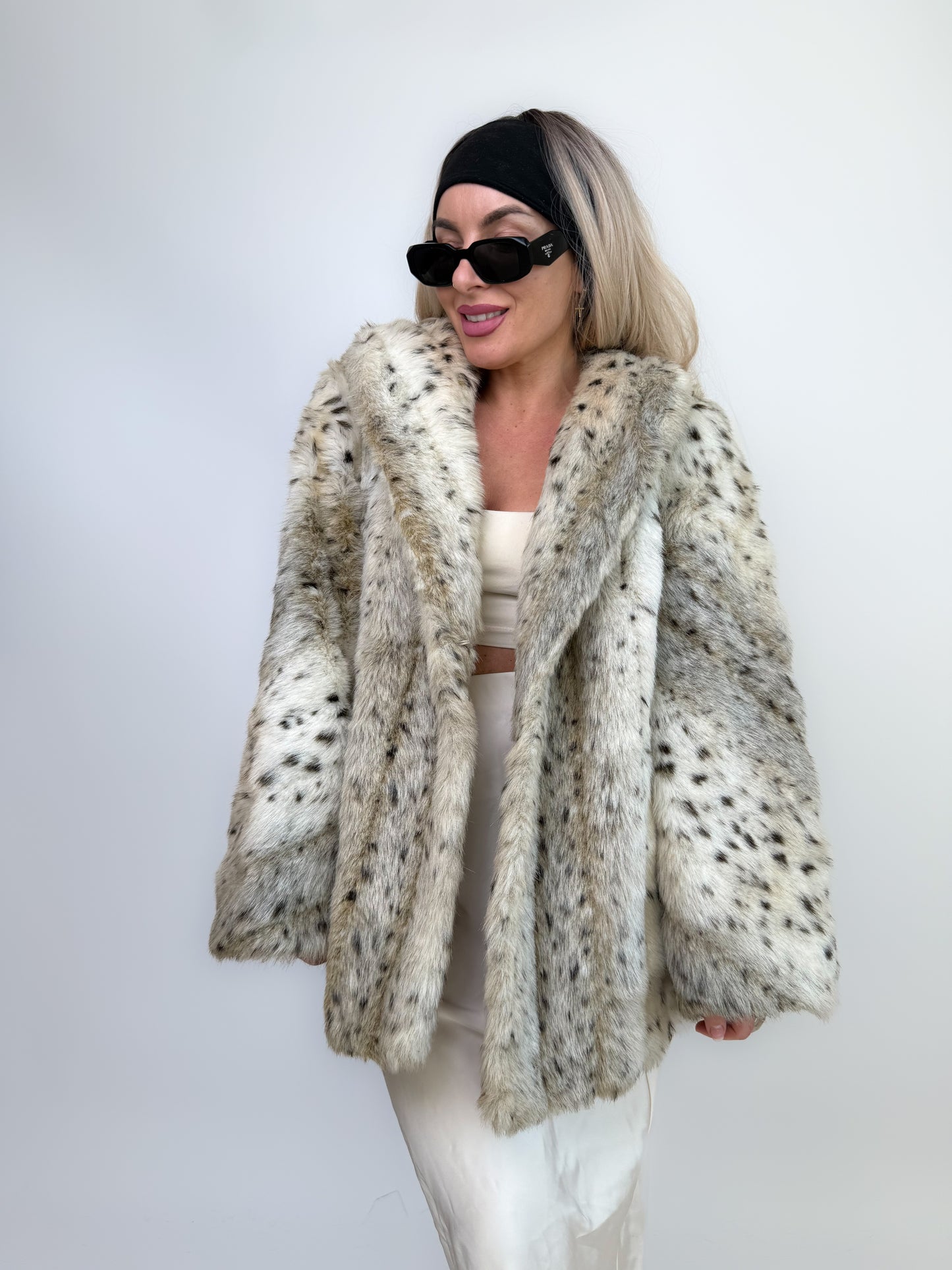 Vintage Faux Fur Snow Fox Leopard Animal Print Winter Coat  XS-S