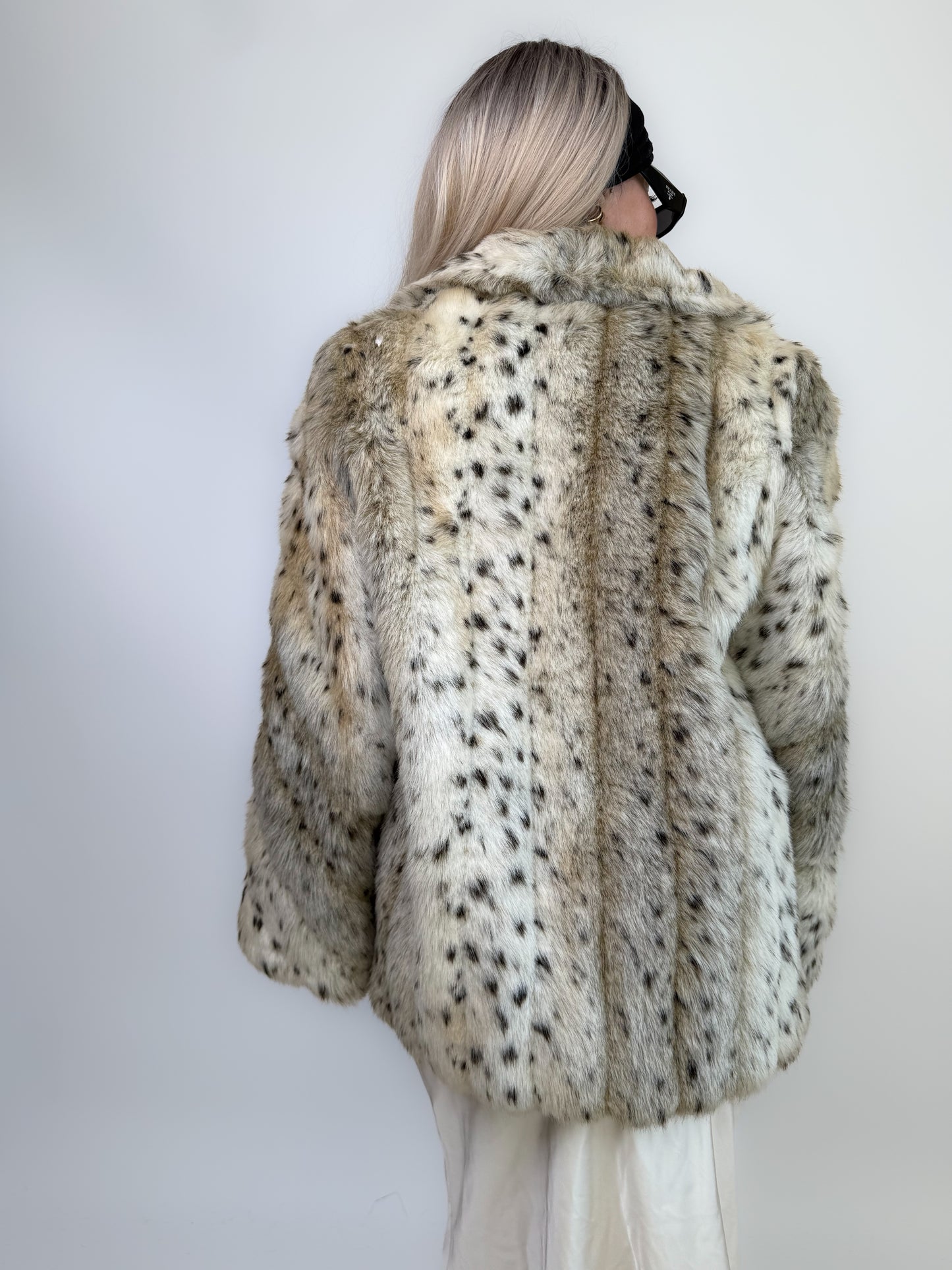 Vintage Faux Fur Snow Fox Leopard Animal Print Winter Coat  XS-S