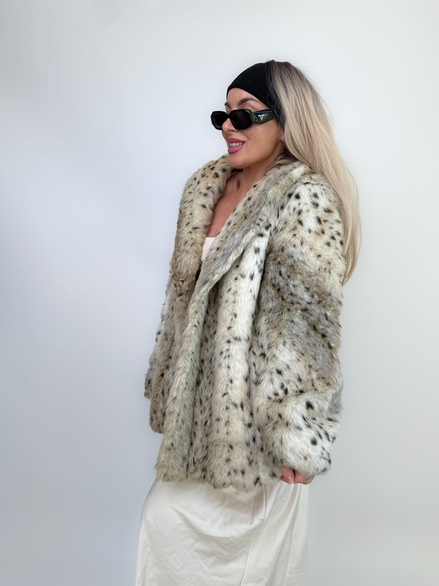 Vintage Faux Fur Snow Fox Leopard Animal Print Winter Coat  XS-S