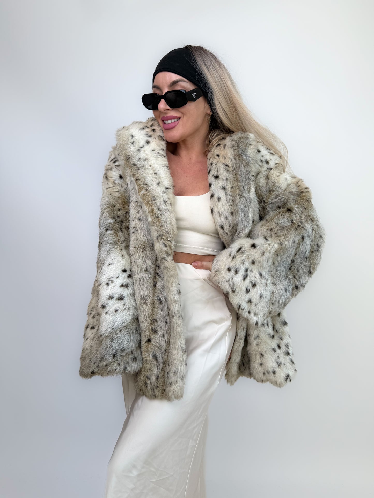 Vintage Faux Fur Snow Fox Leopard Animal Print Winter Coat  XS-S