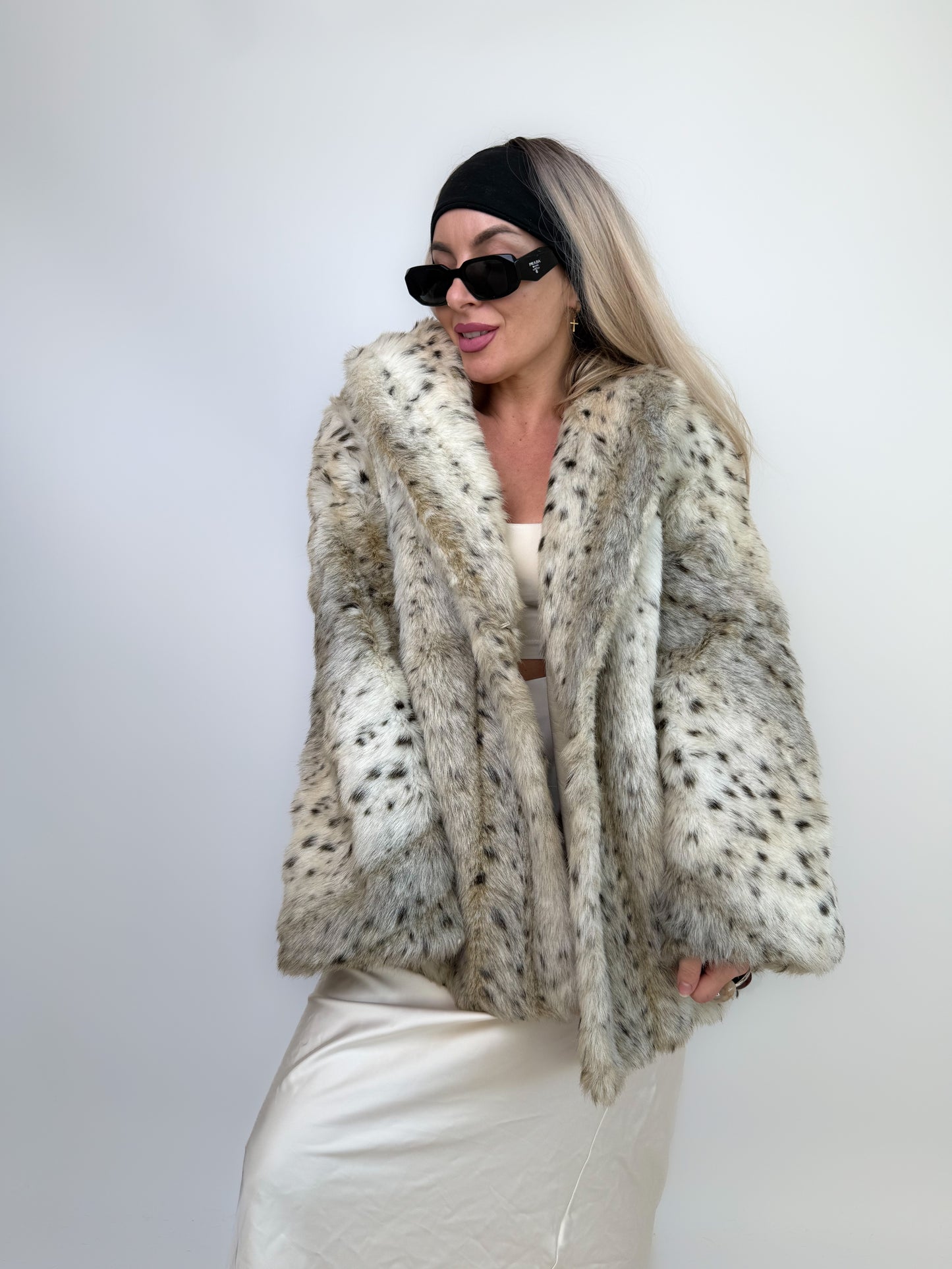 Vintage Faux Fur Snow Fox Leopard Animal Print Winter Coat  XS-S