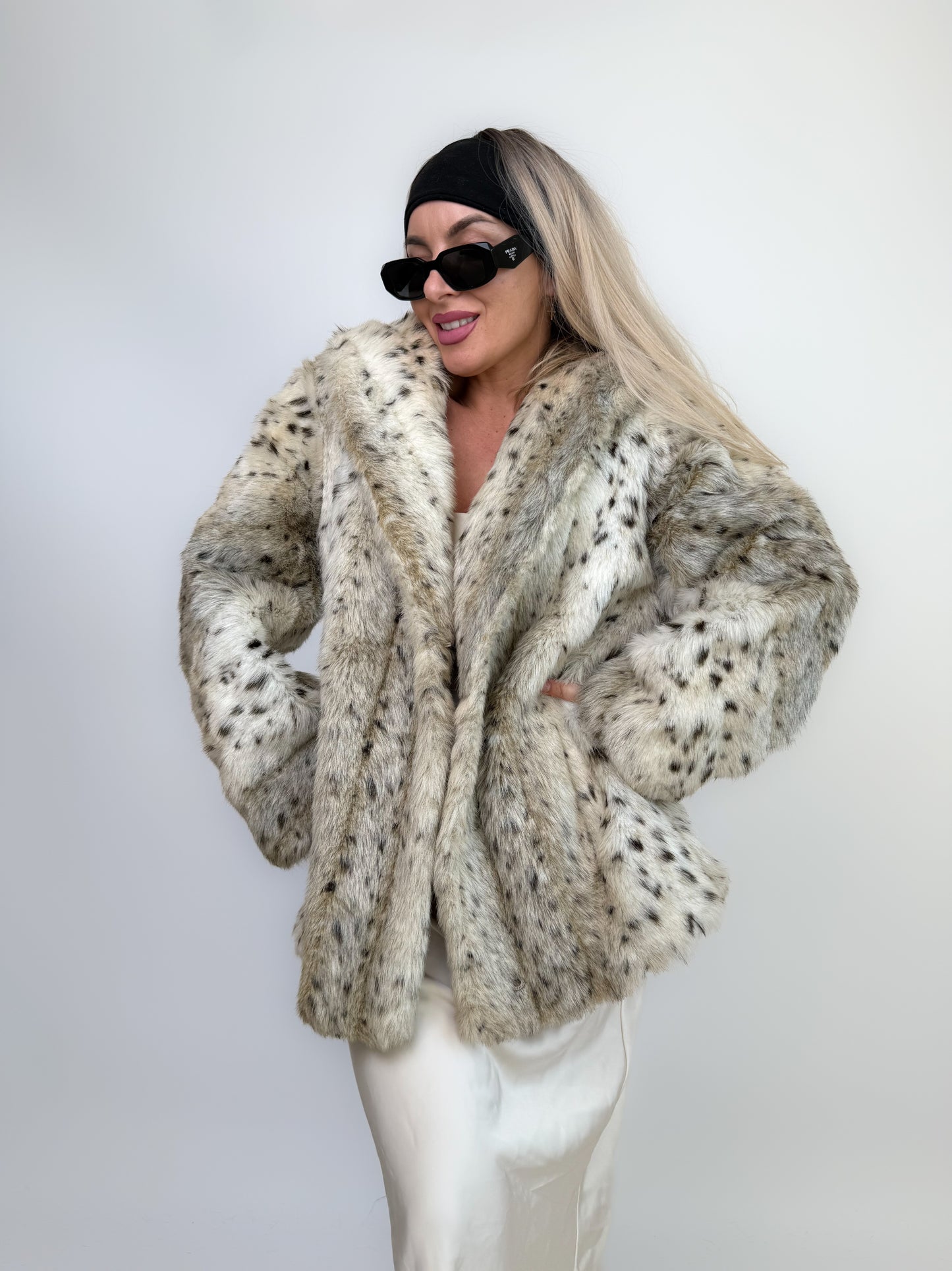 Vintage Faux Fur Snow Fox Leopard Animal Print Winter Coat  XS-S