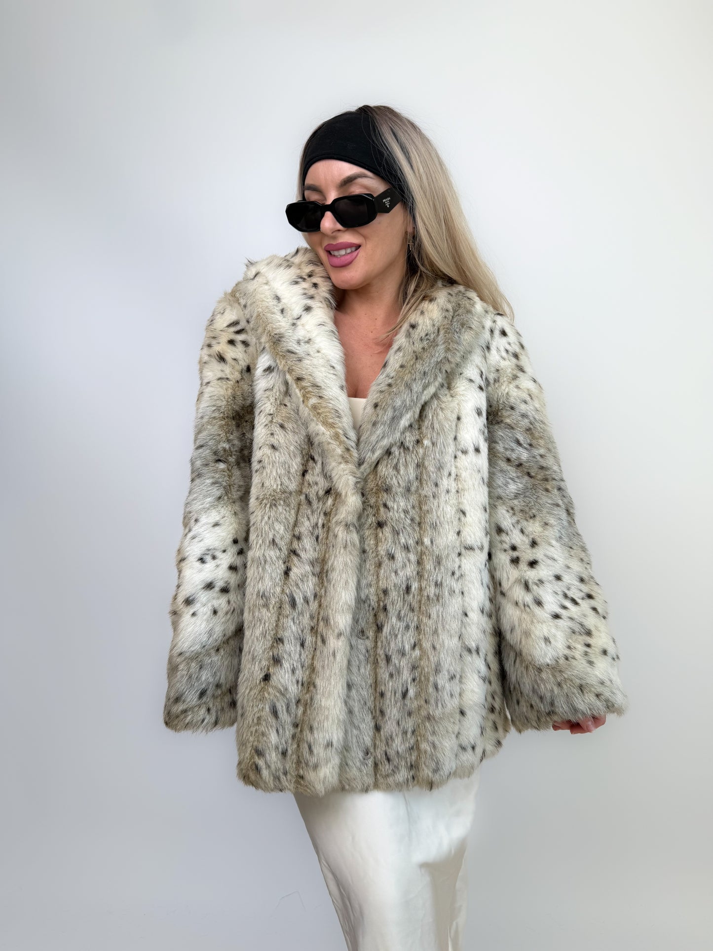 Vintage Faux Fur Snow Fox Leopard Animal Print Winter Coat  XS-S