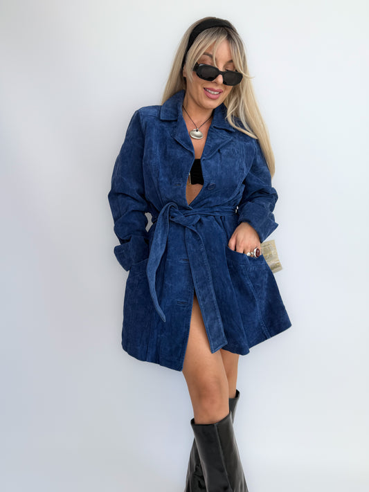 Vintage Navy Blue Suede Trench Coat – Belted Waist, Bohemian Fall Statement Jacket S-M