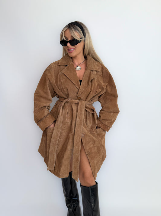 Vintage Tan Beige Camel Natural Suede Leather Belted Trench Coat – 90s Y2K Fall Statement Plus Size Jacket XL-XXL