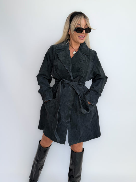 Vintage 90s Navy Blue Washable Suede Trench Coat – Oversized Plus Size Y2K Statement Fall Jacket with Waist Belt L