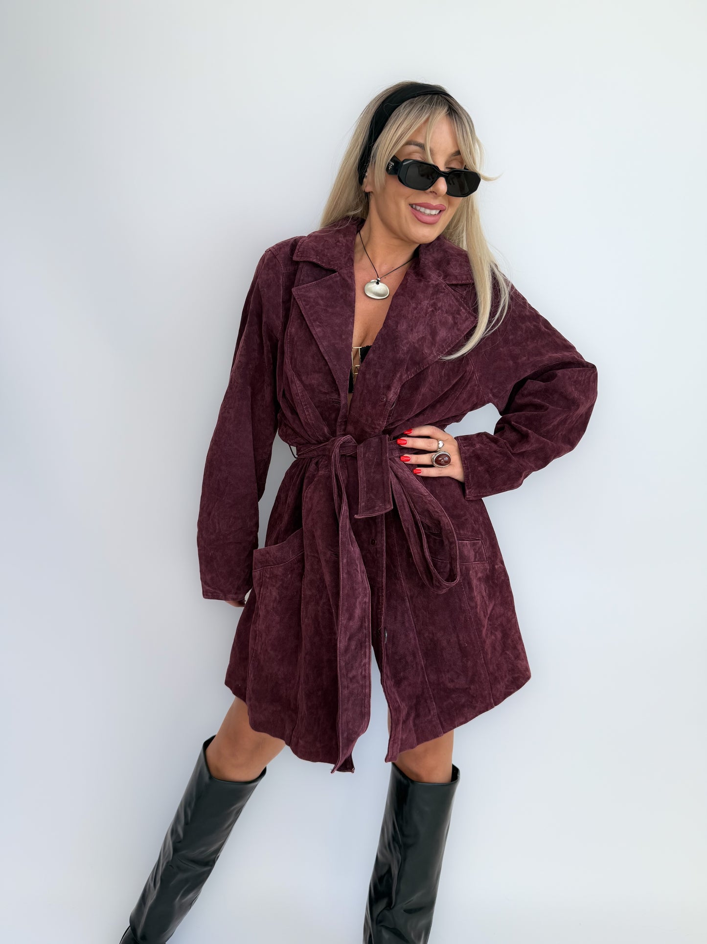 Vintage Plum Burgundy Suede Trench Coat – Genuine Washable Leather Jacket with Waist Belt  L-XL