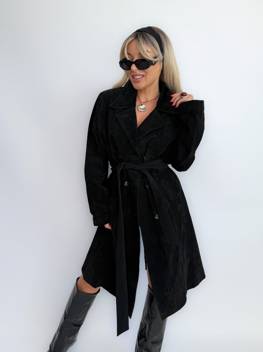 Vintage Black Suede Trench Coat – Classic Double-Breasted Leather Fall Statement Jacket S-M