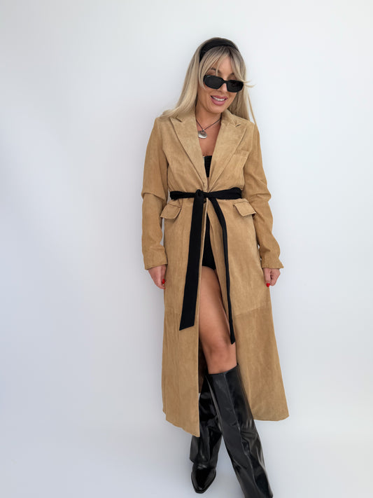 Vintage Tan Suede Leather Coat – Full Length Button-Up Long Jacket  Genuine Leather