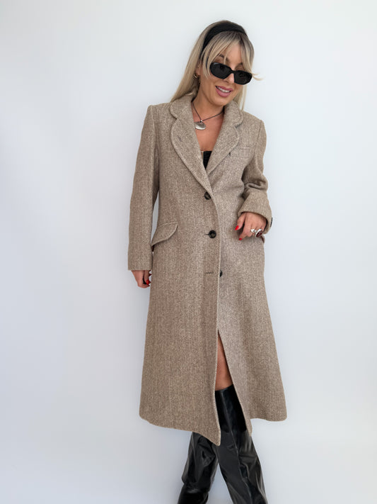 Vintage Taupe Wool Blend Mid-Length Coat – Single Breasted Tailored Fall Jacket S