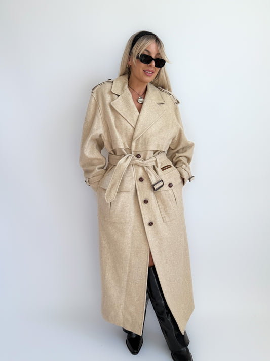 Vintage 90s Ivory Cream Wool Blend Long Trench Coat with Leather Trim S-M