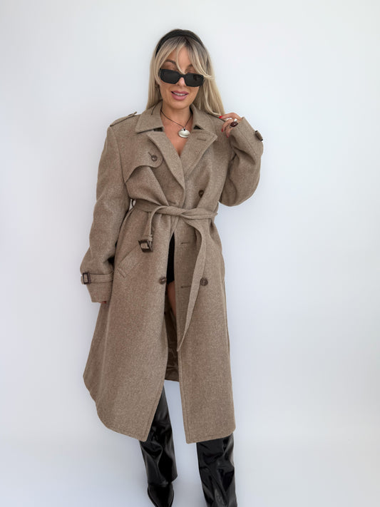 Vintage 90s Wool Blend Double-Breasted Long Trench Coat – Classic Winter Coat M-L