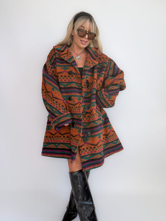 Oversized Aztec Print Vintage Coat – Southwestern Wool Statement Jacket XL-XXL