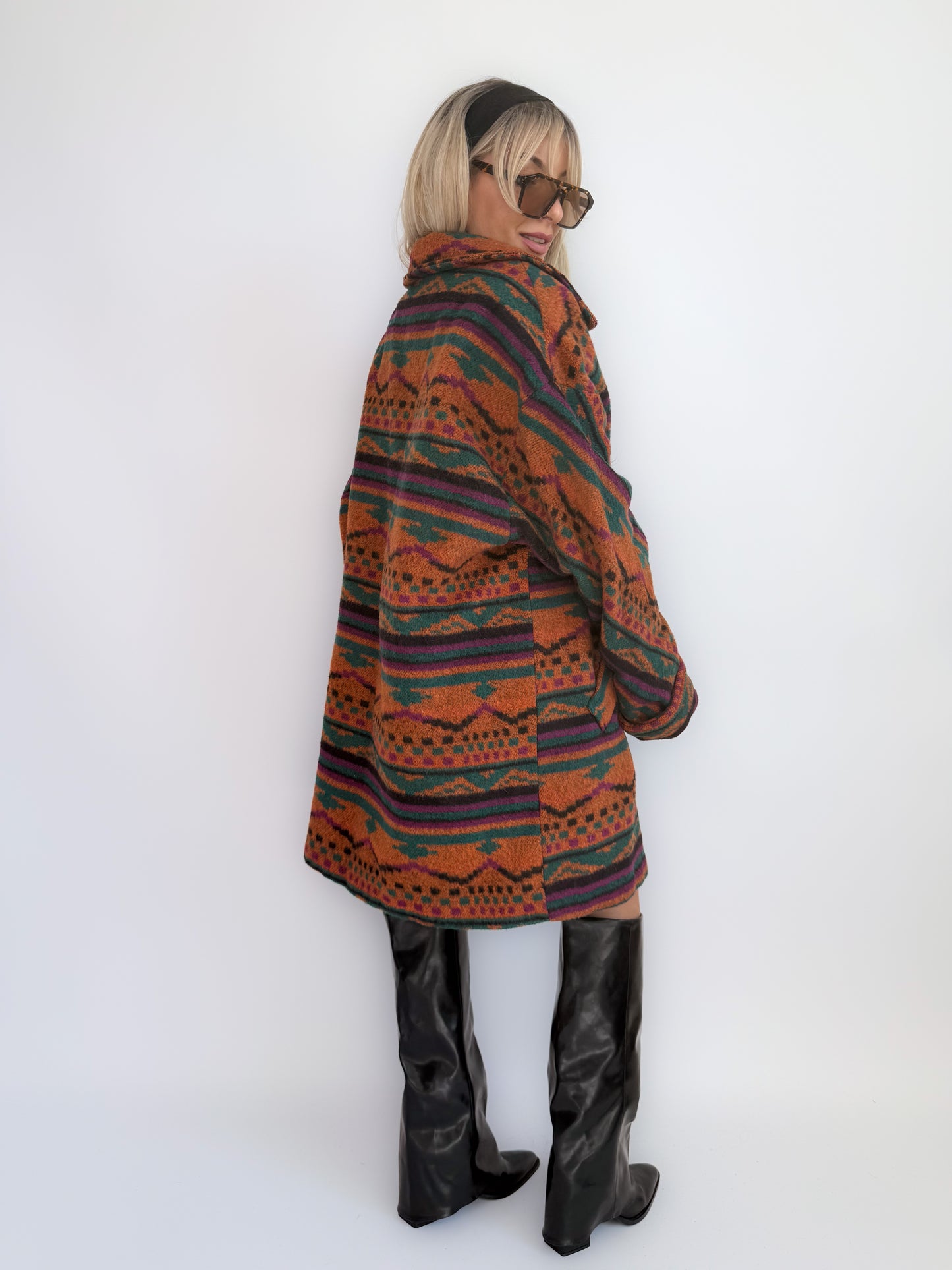 Oversized Aztec Print Vintage Coat – Southwestern Wool Statement Jacket XL-XXL