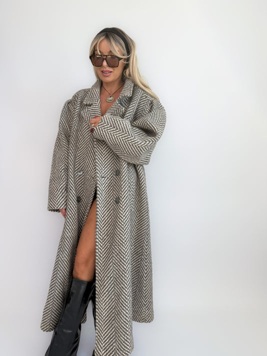 Vintage 90s Oversized Herringbone Full Length Wool Blend Coat – Plus Size Grey Long Winter Jacket XL-XXL