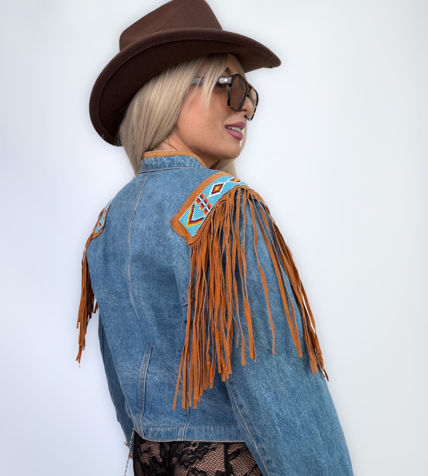 Vintage Denim Suede Fringe Jacket – Western Boho Beaded Festival Coat S-M