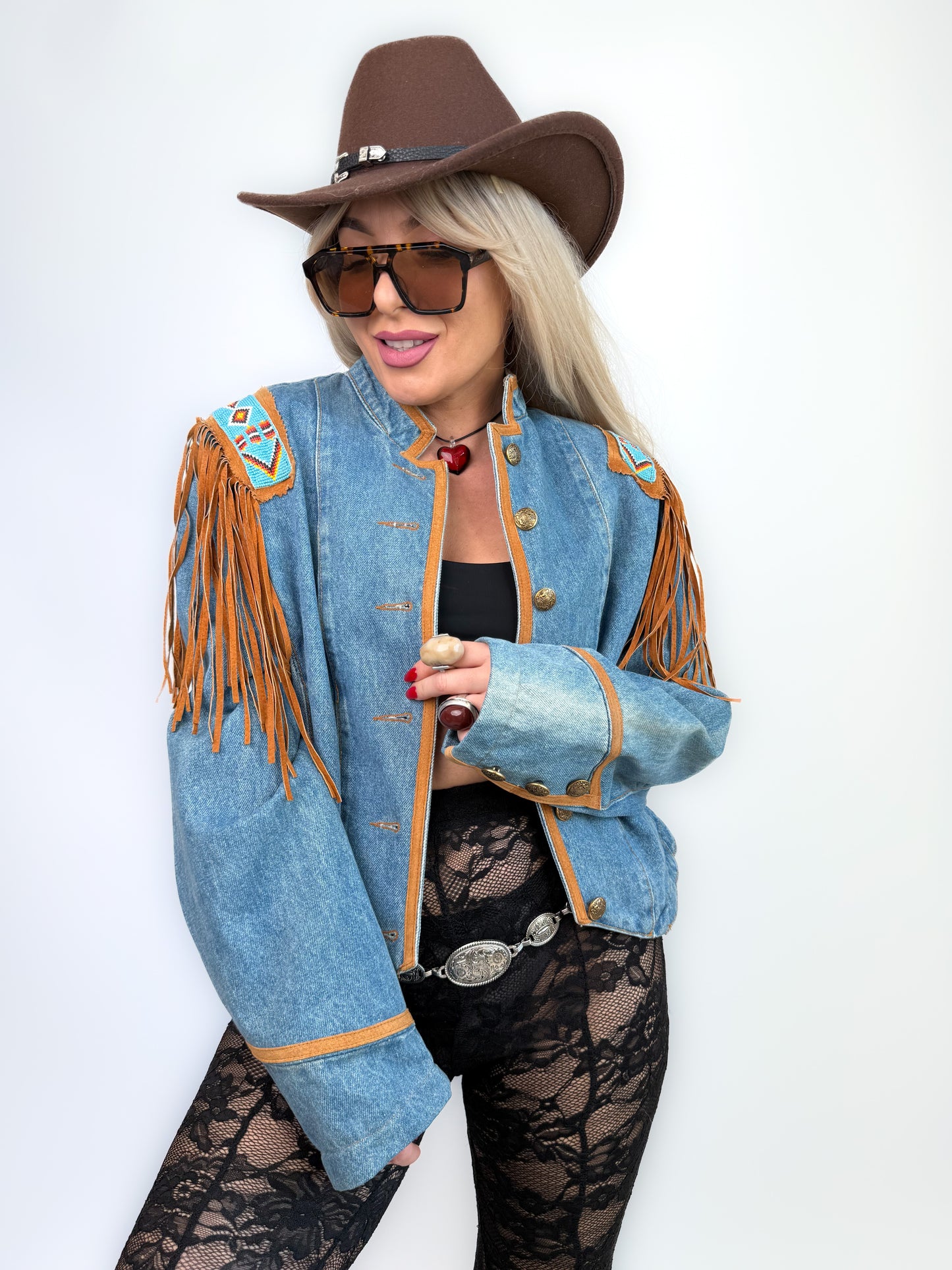 Vintage Denim Suede Fringe Jacket – Western Boho Beaded Festival Coat S-M