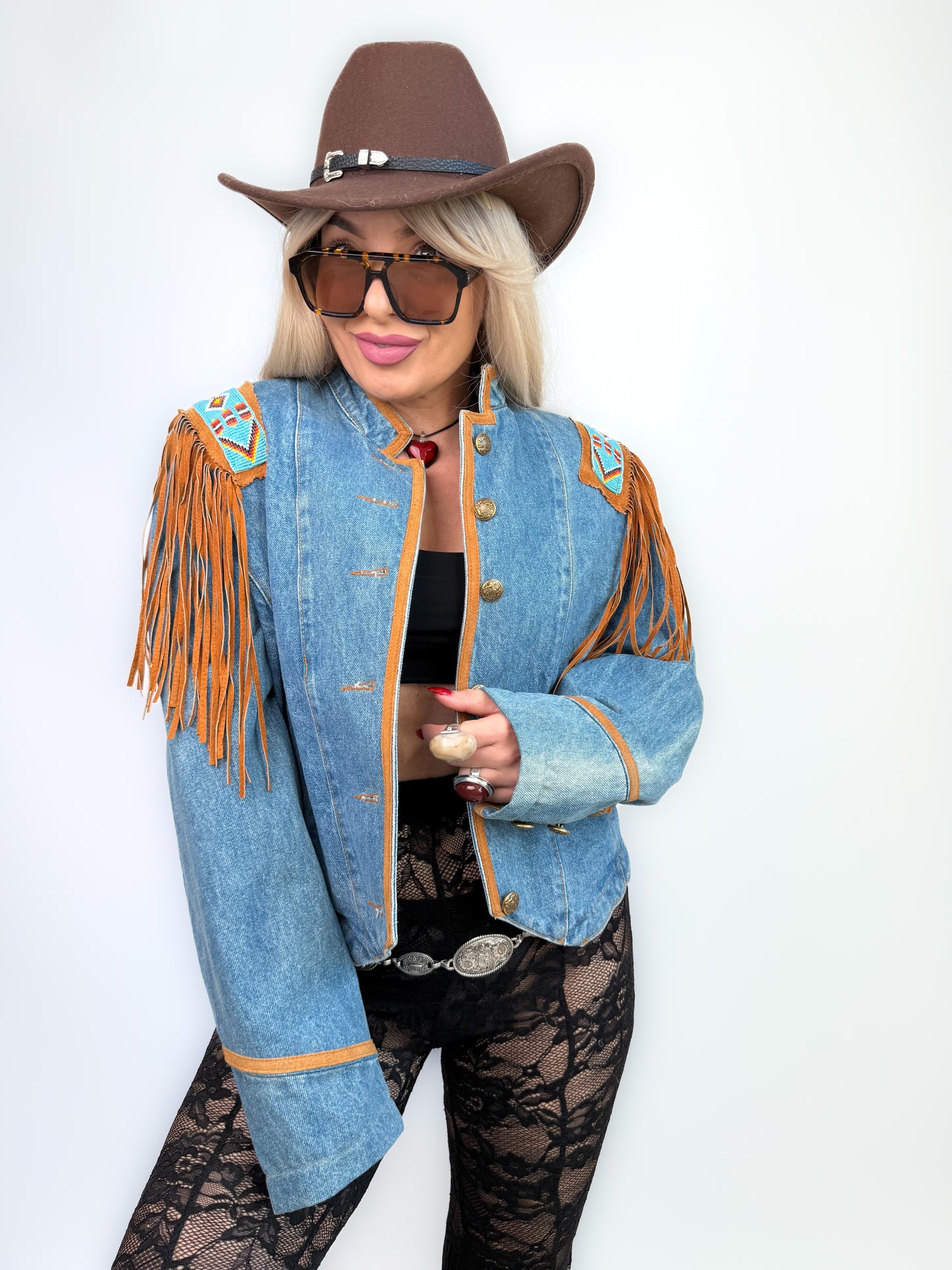 Vintage Denim Suede Fringe Jacket – Western Boho Beaded Festival Coat S-M