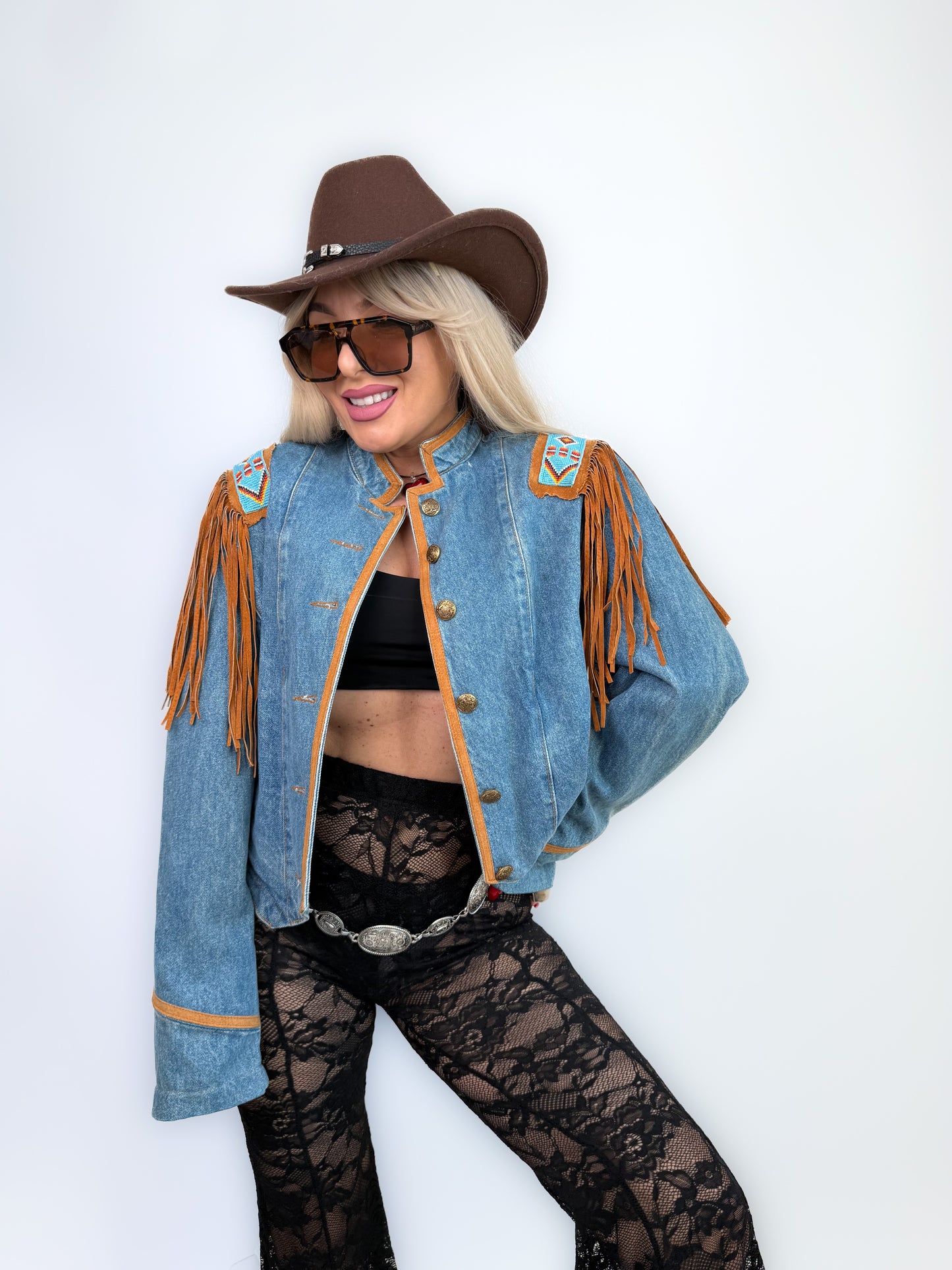 Vintage Denim Suede Fringe Jacket – Western Boho Beaded Festival Coat S-M