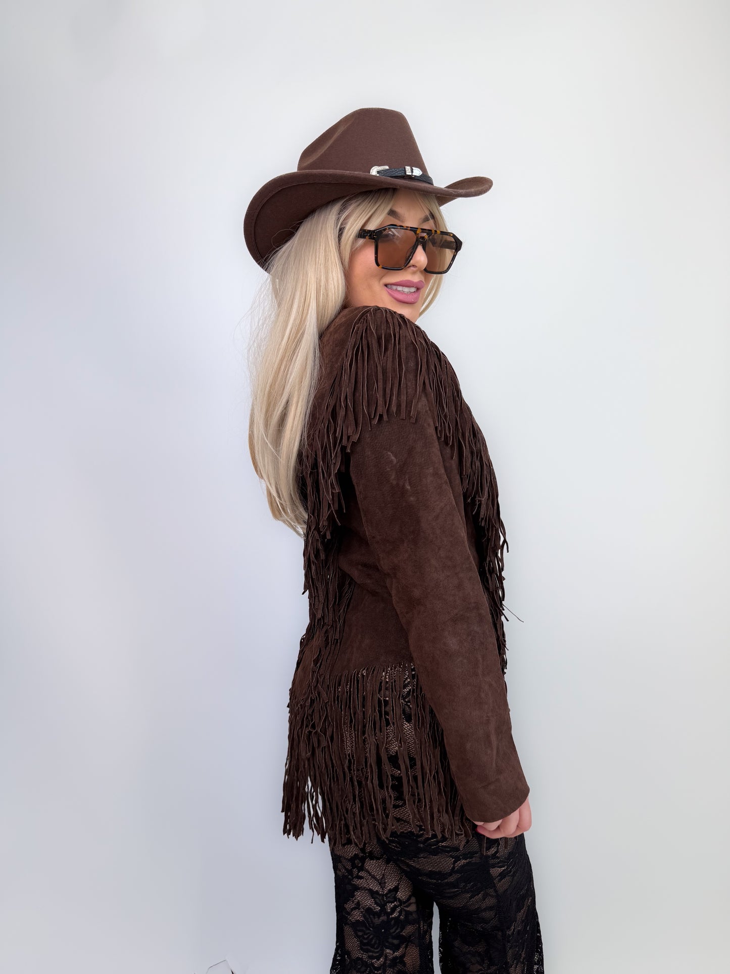 Vintage Brown Natural Suede Mid Length Fringe Jacket S