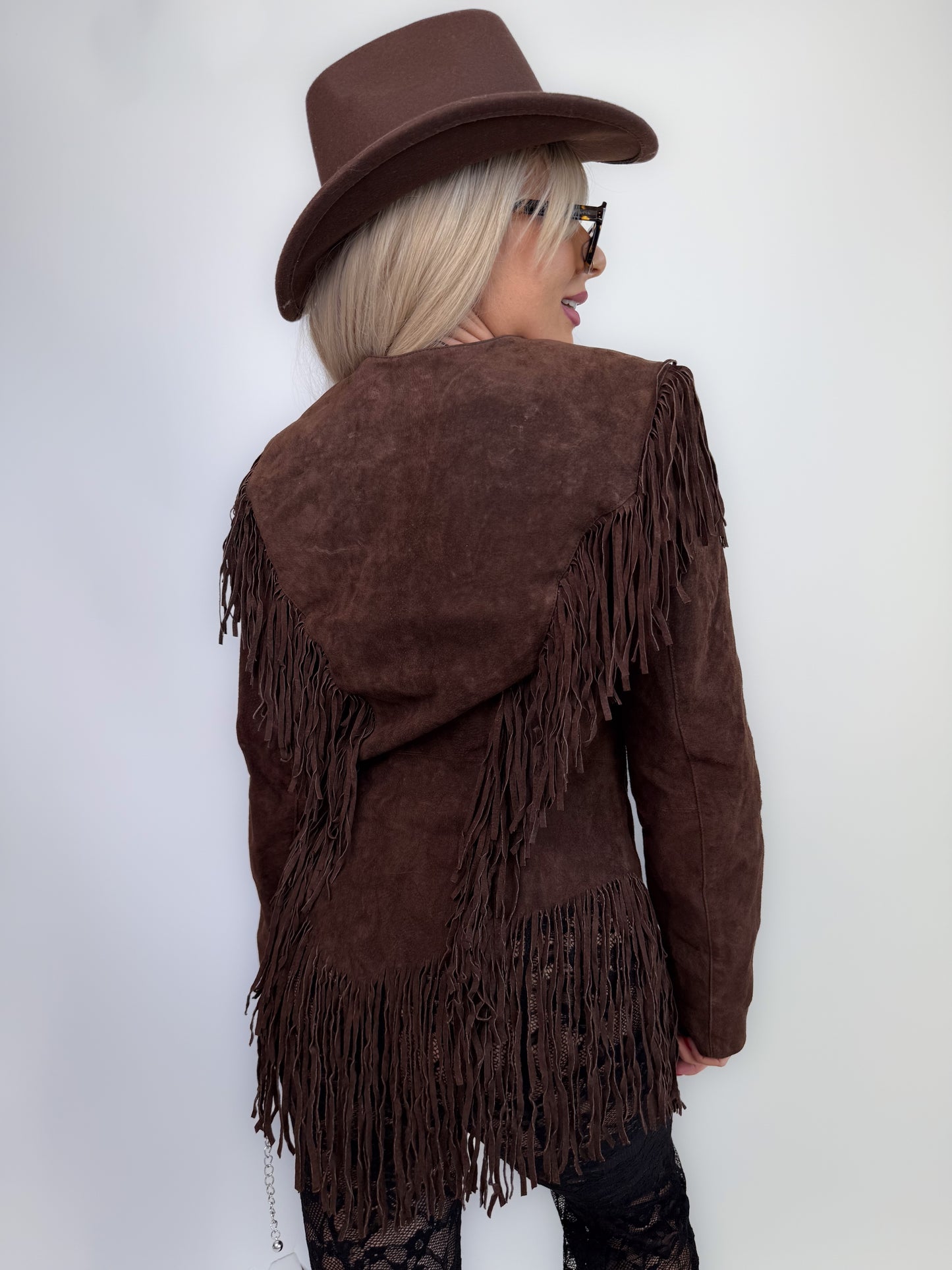 Vintage Brown Natural Suede Mid Length Fringe Jacket S