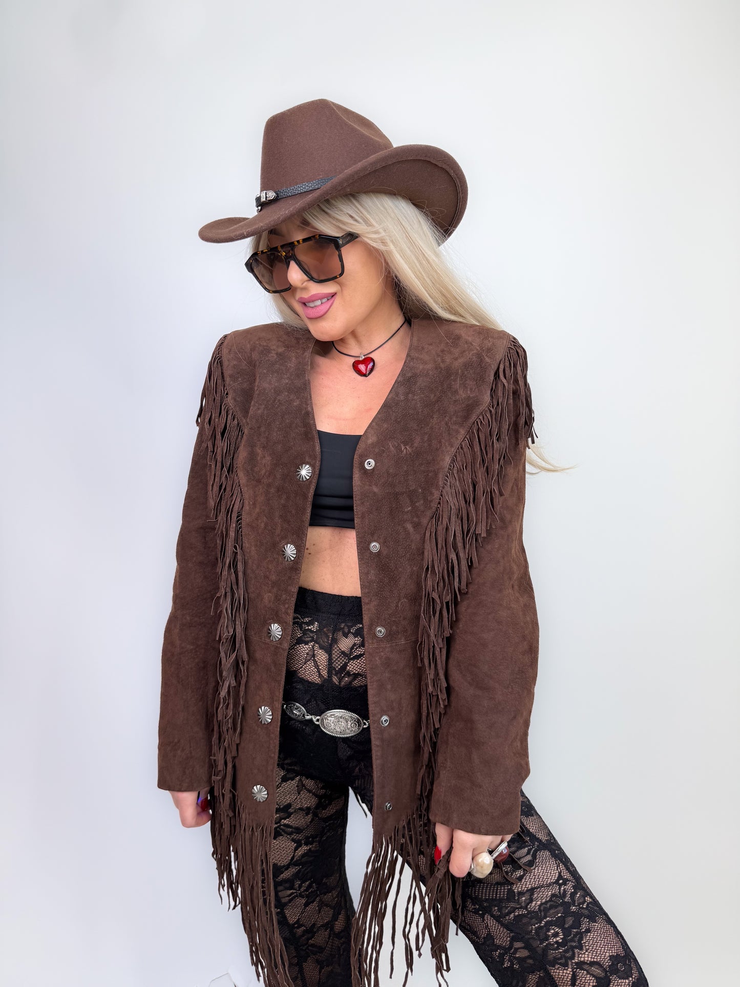 Vintage Brown Natural Suede Mid Length Fringe Jacket S