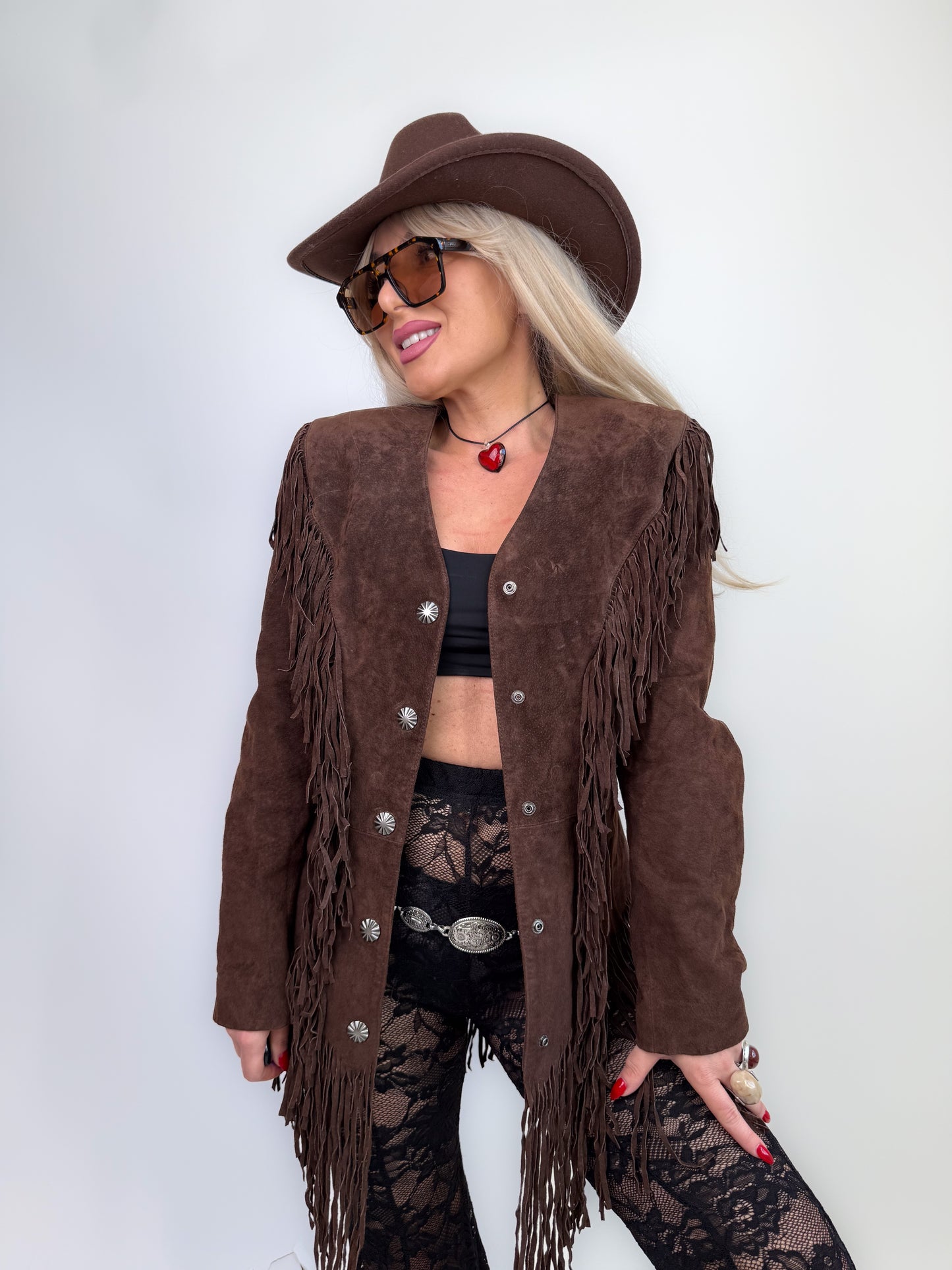 Vintage Brown Natural Suede Mid Length Fringe Jacket S