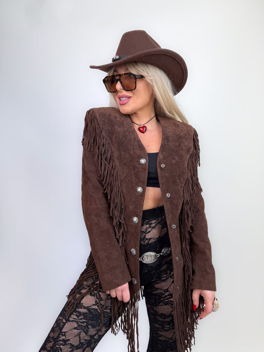 Vintage Brown Natural Suede Mid Length Fringe Jacket S