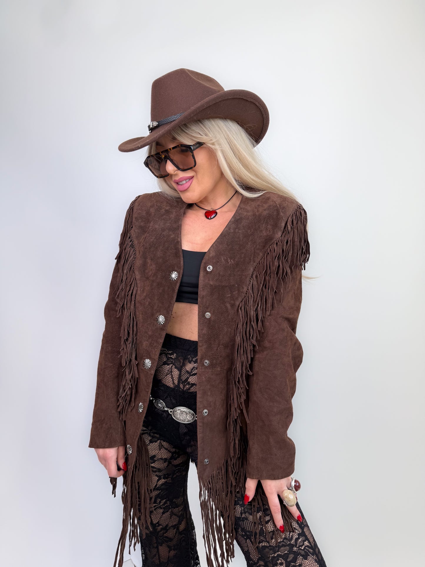 Vintage Brown Natural Suede Mid Length Fringe Jacket S