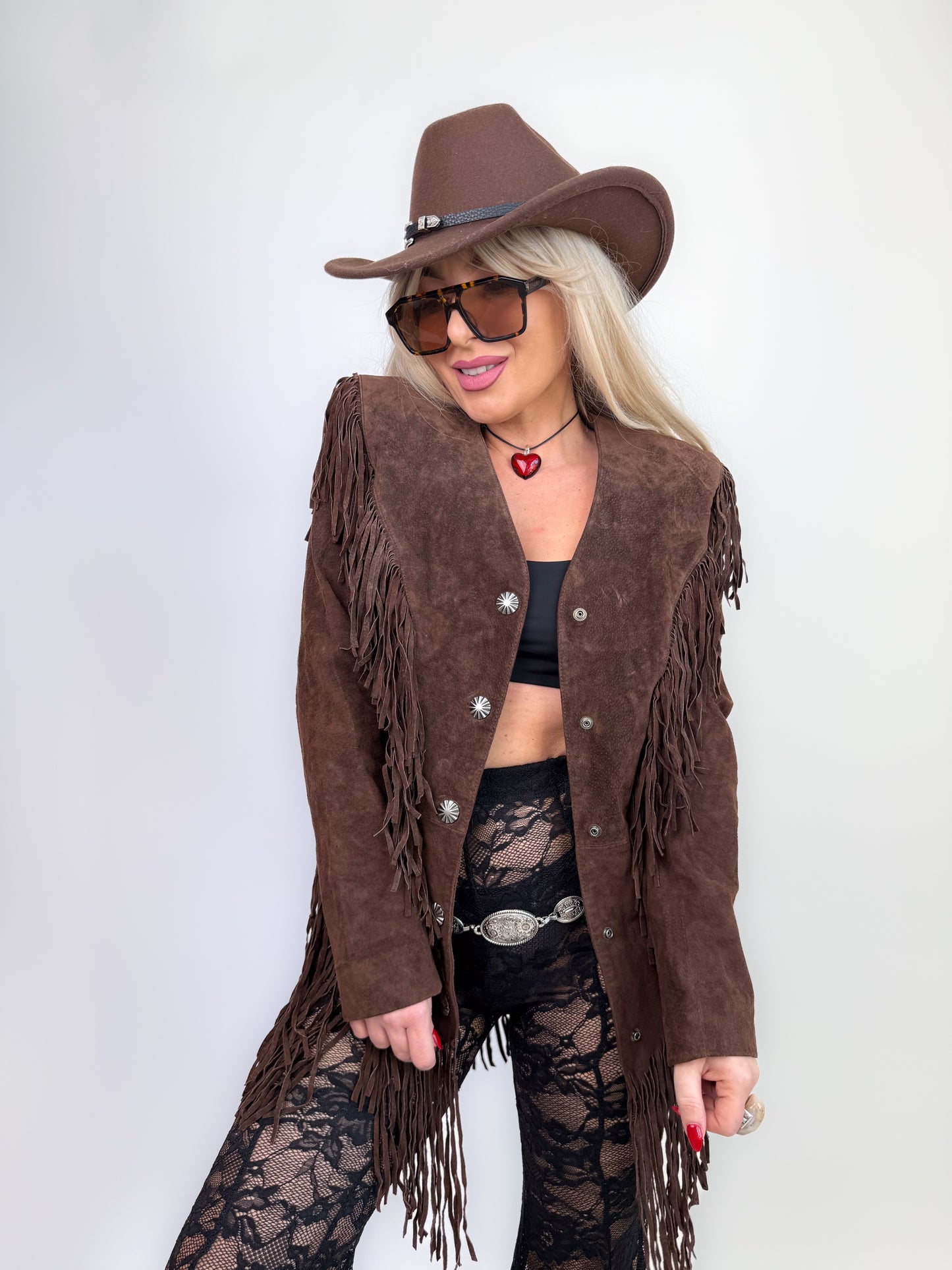 Vintage Brown Natural Suede Mid Length Fringe Jacket S