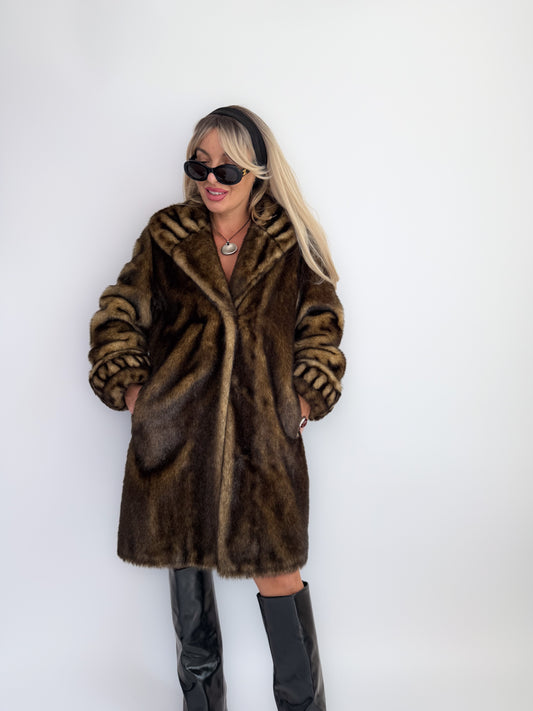 Vintage 90s Faux Fur Coat Brown-Mob Wife Energy Winter Jacket - Y2K Mink Look Winter Jacket Coat S-M