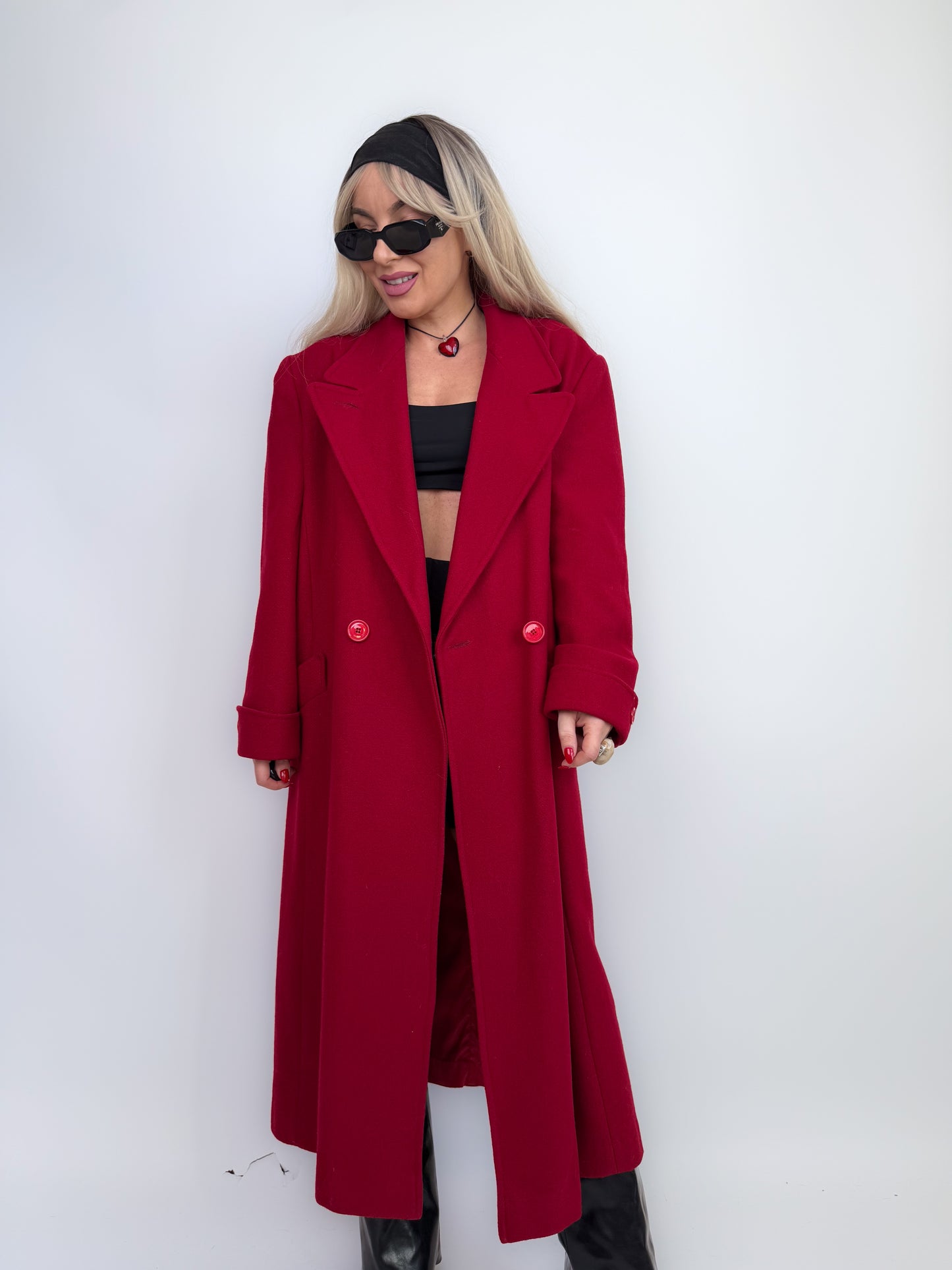 Vintage Red Pure Wool Trench Coat – Classic Full Length Double Breasted Fall Winter Jacket Size M-L