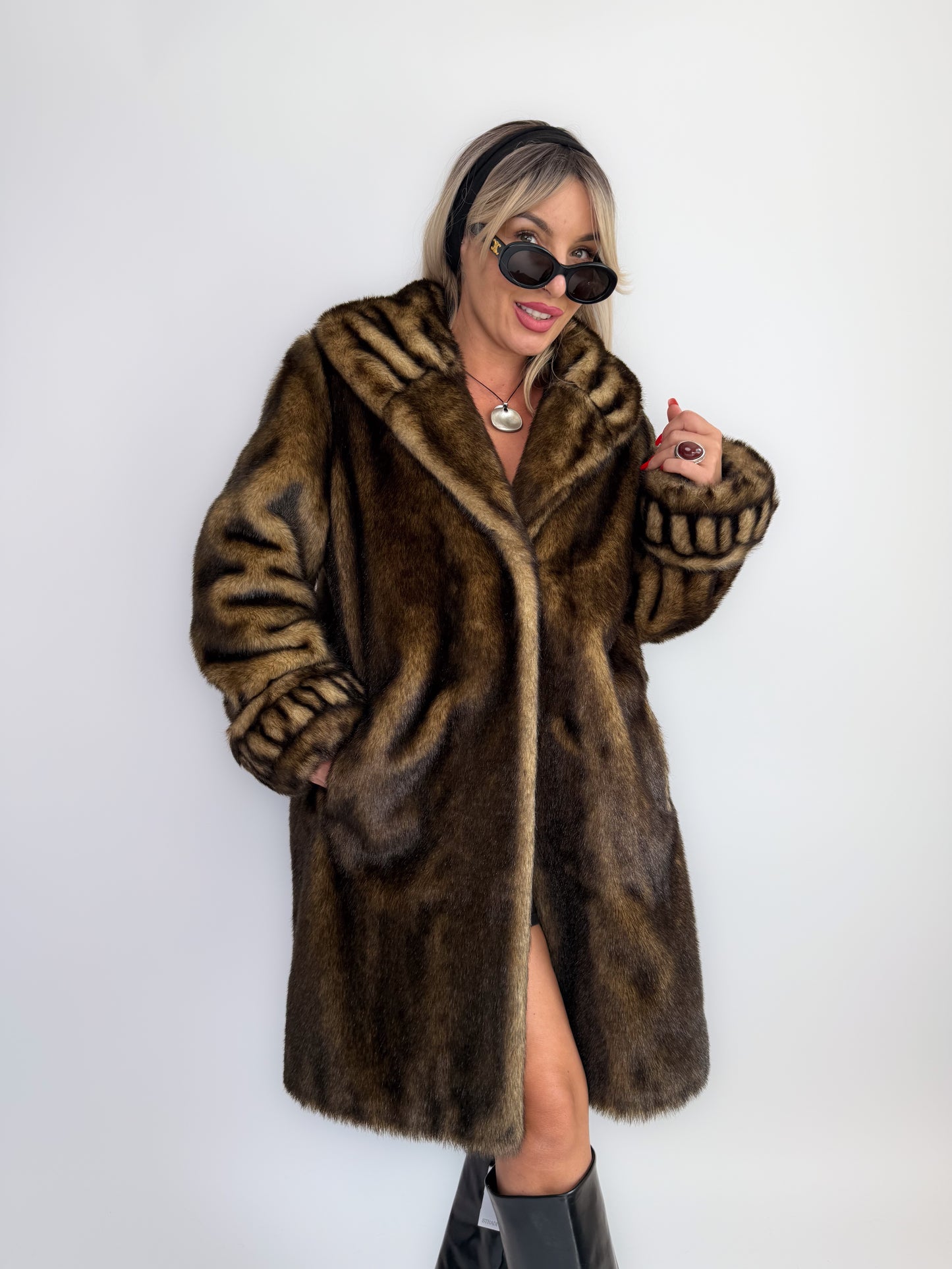 Vintage 90s Faux Fur Coat Brown-Mob Wife Energy Winter Jacket - Y2K Mink Look Winter Jacket Coat S-M