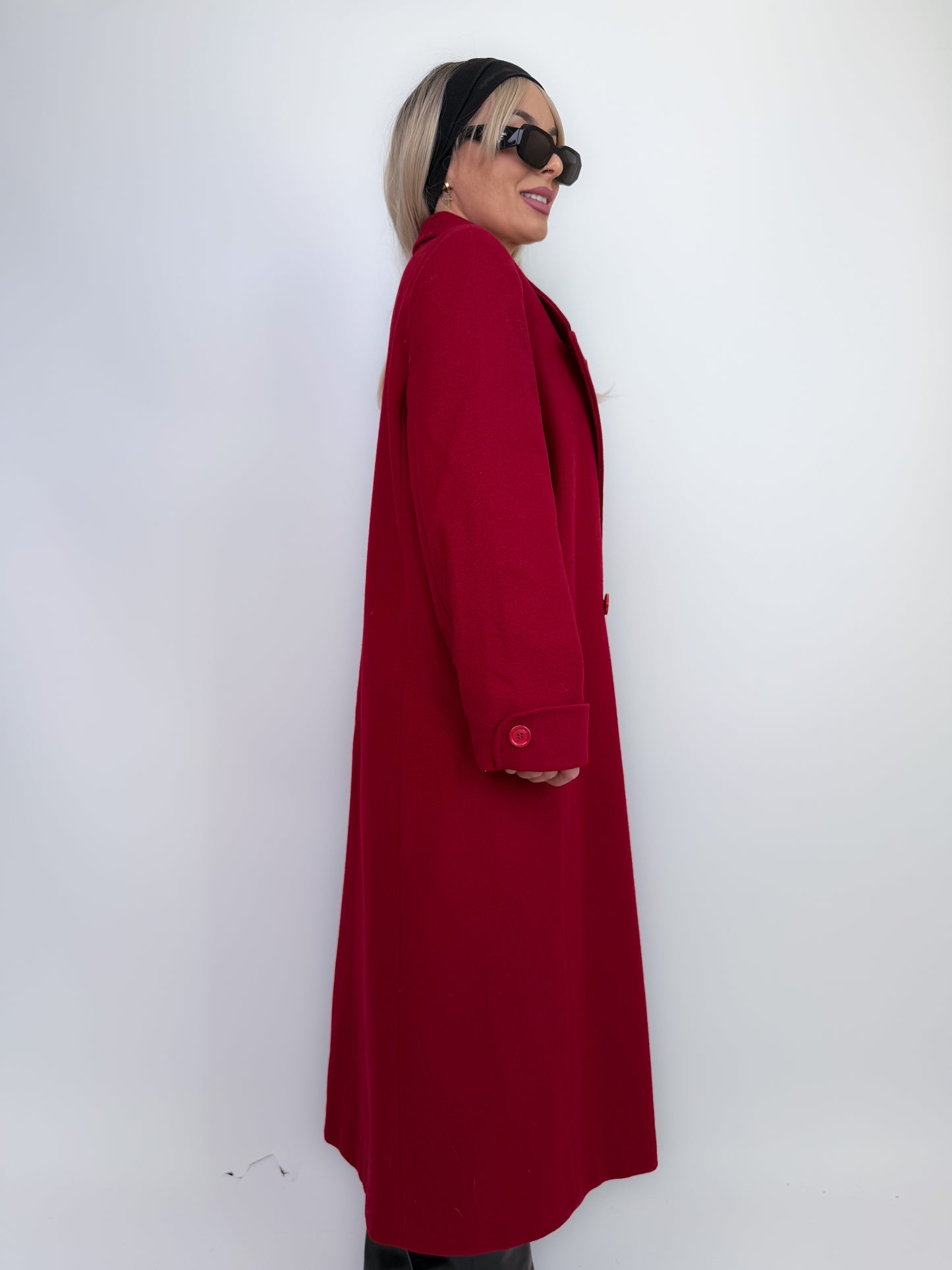 Vintage Red Pure Wool Trench Coat – Classic Full Length Double Breasted Fall Winter Jacket Size M-L