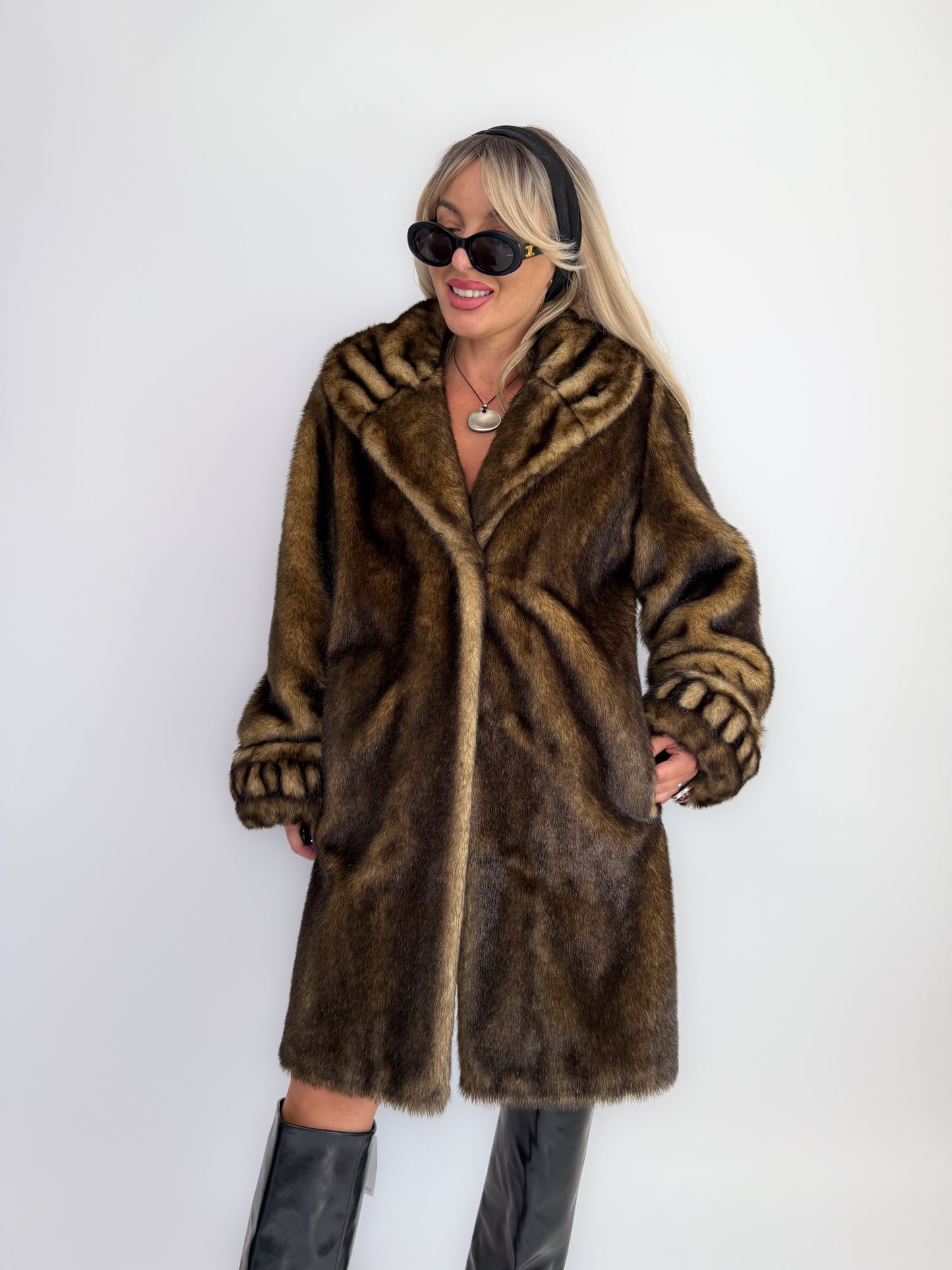 Vintage 90s Faux Fur Coat Brown-Mob Wife Energy Winter Jacket - Y2K Mink Look Winter Jacket Coat S-M