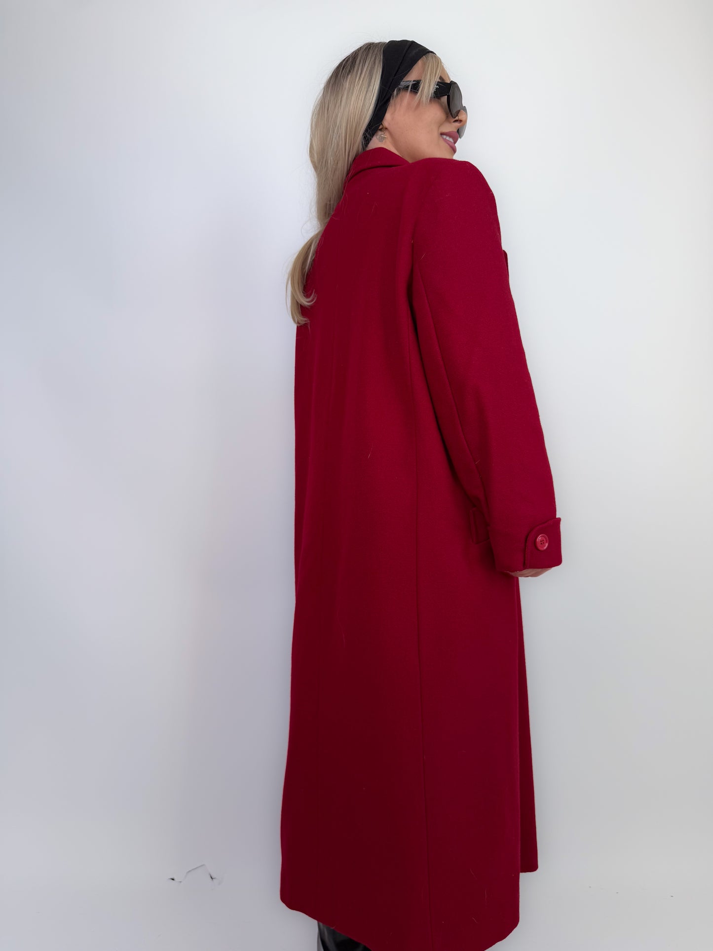 Vintage Red Pure Wool Trench Coat – Classic Full Length Double Breasted Fall Winter Jacket Size M-L