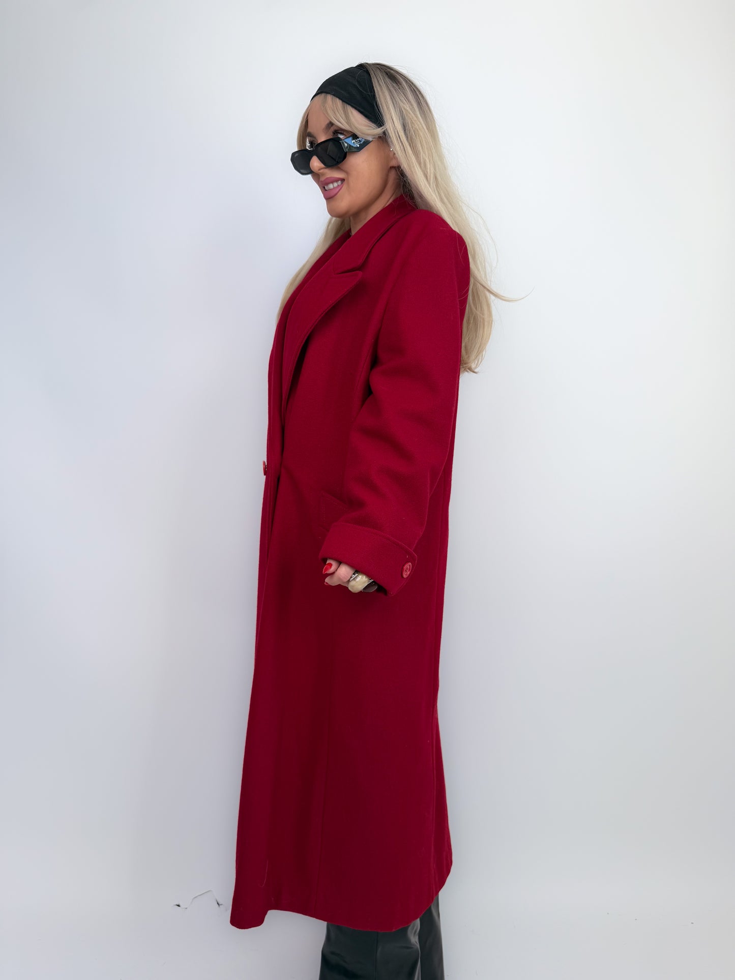 Vintage Red Pure Wool Trench Coat – Classic Full Length Double Breasted Fall Winter Jacket Size M-L