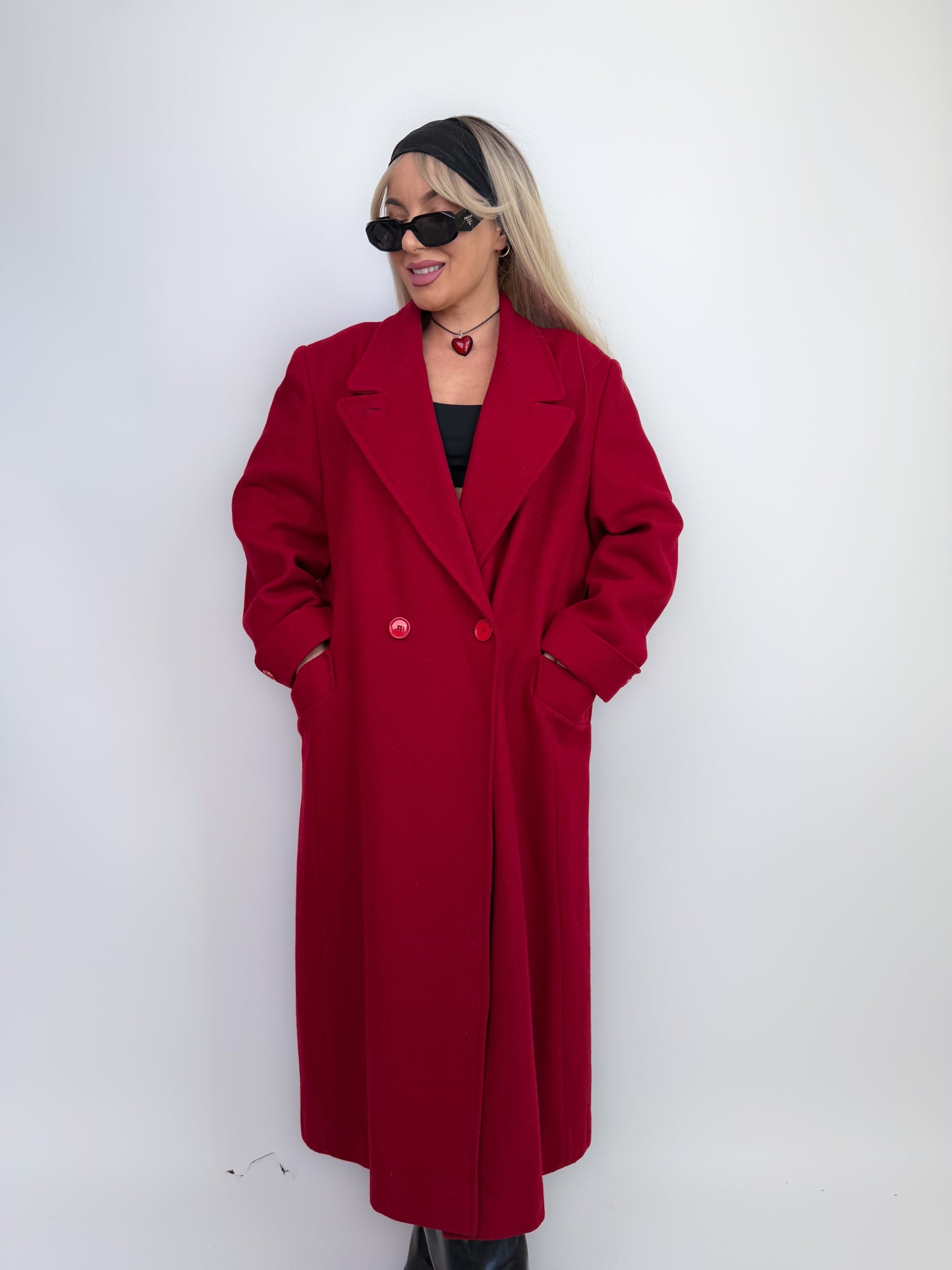 Vintage Red Pure Wool Trench Coat – Classic Full Length Double Breasted Fall Winter Jacket Size M-L