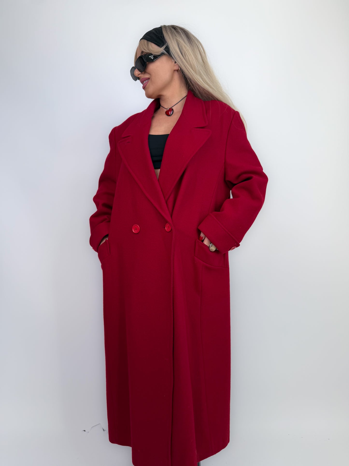Vintage Red Pure Wool Trench Coat – Classic Full Length Double Breasted Fall Winter Jacket Size M-L