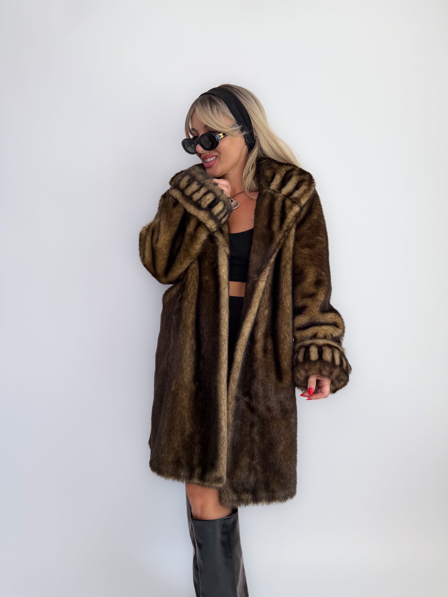 Vintage 90s Faux Fur Coat Brown-Mob Wife Energy Winter Jacket - Y2K Mink Look Winter Jacket Coat S-M