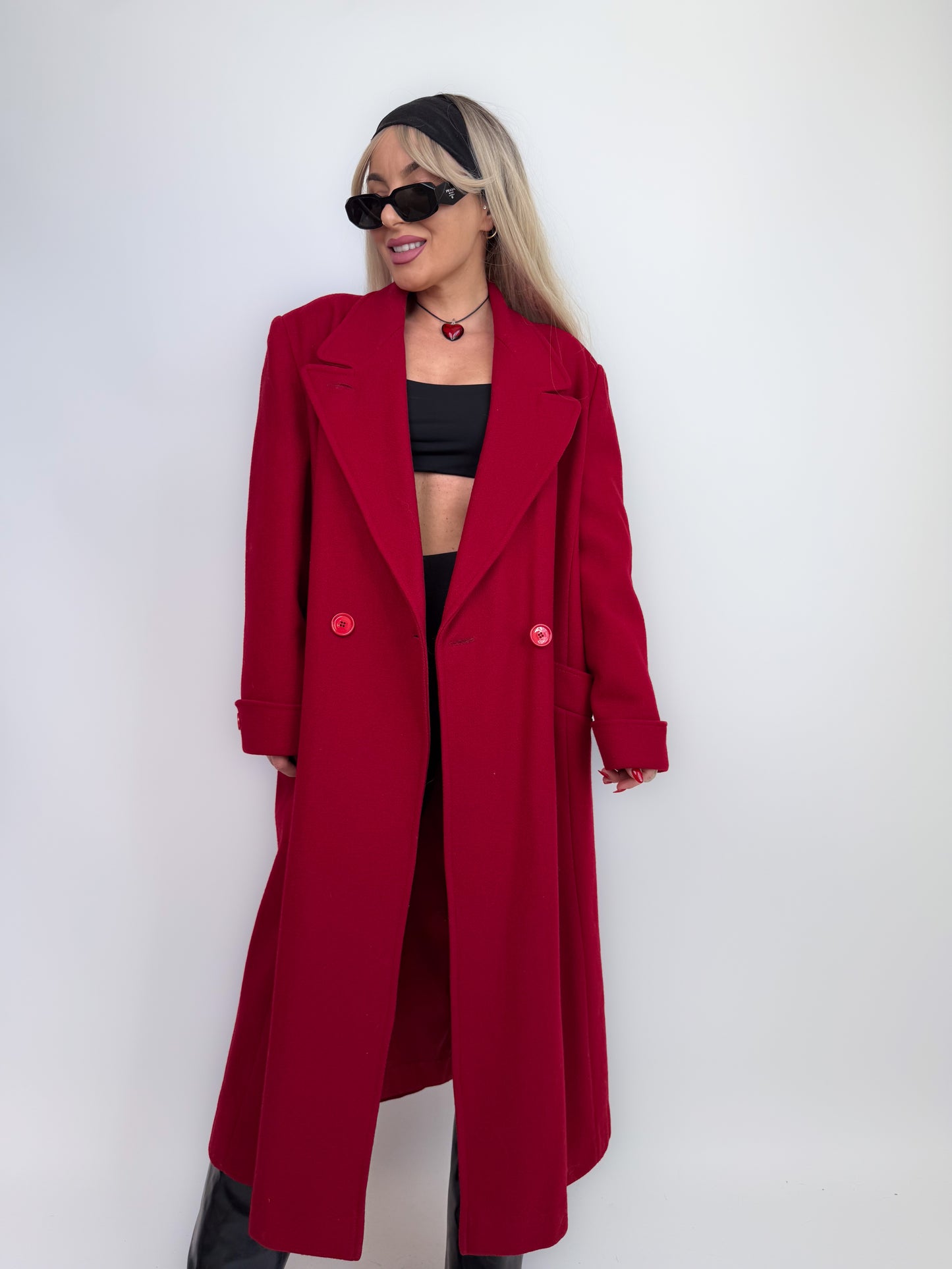 Vintage Red Pure Wool Trench Coat – Classic Full Length Double Breasted Fall Winter Jacket Size M-L