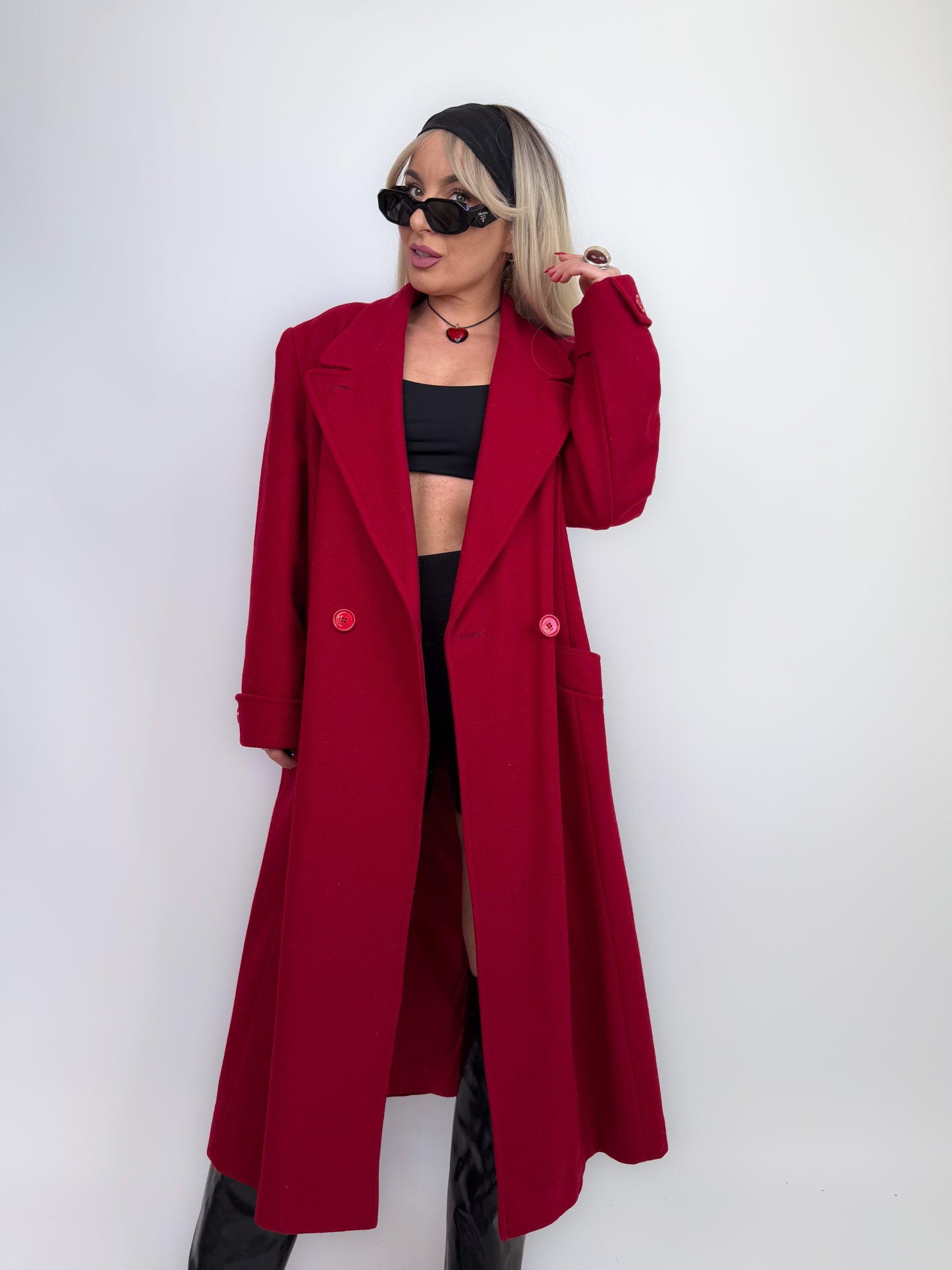 Vintage Red Pure Wool Trench Coat – Classic Full Length Double Breasted Fall Winter Jacket Size M-L