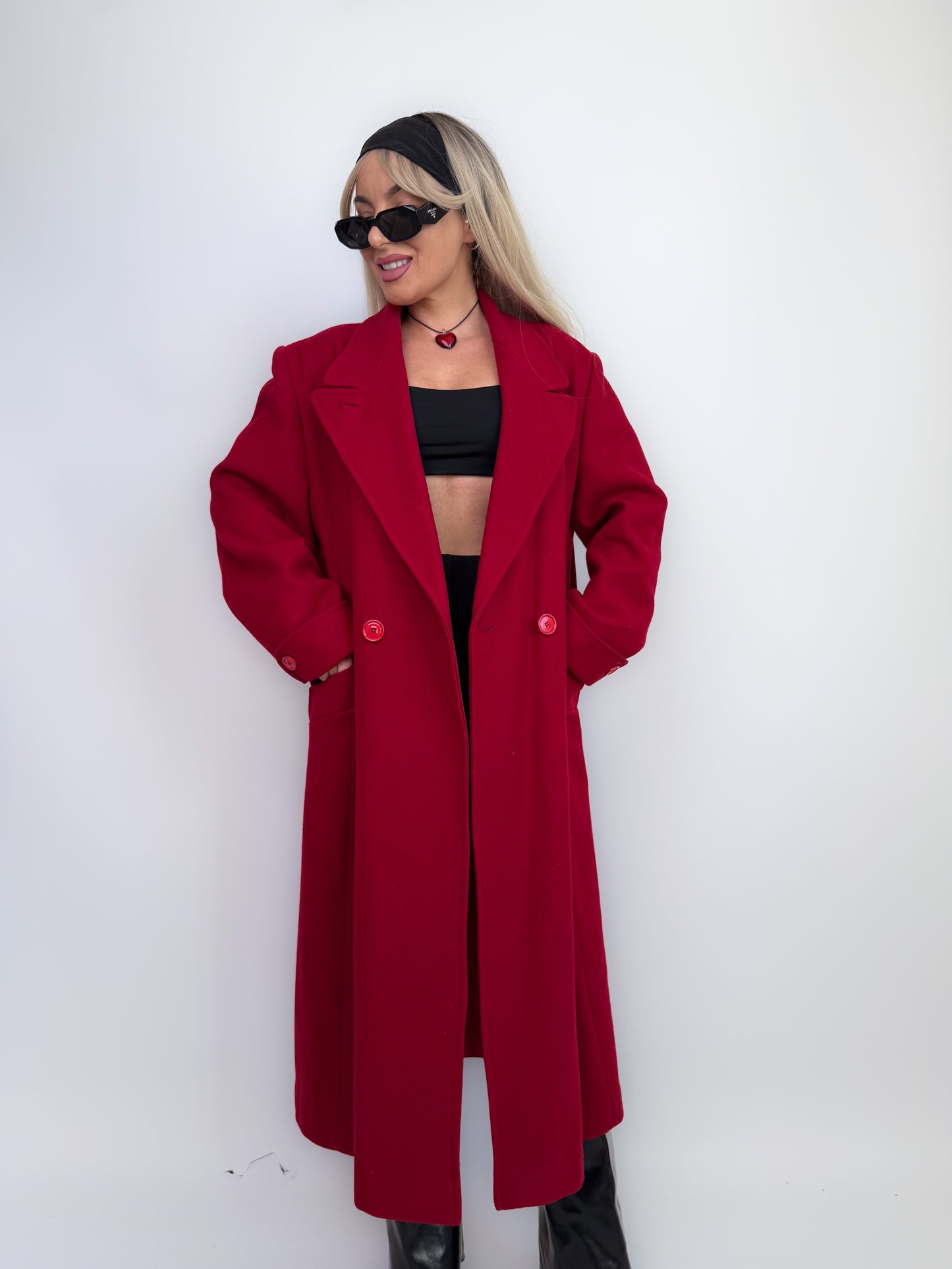 Vintage Red Pure Wool Trench Coat – Classic Full Length Double Breasted Fall Winter Jacket Size M-L