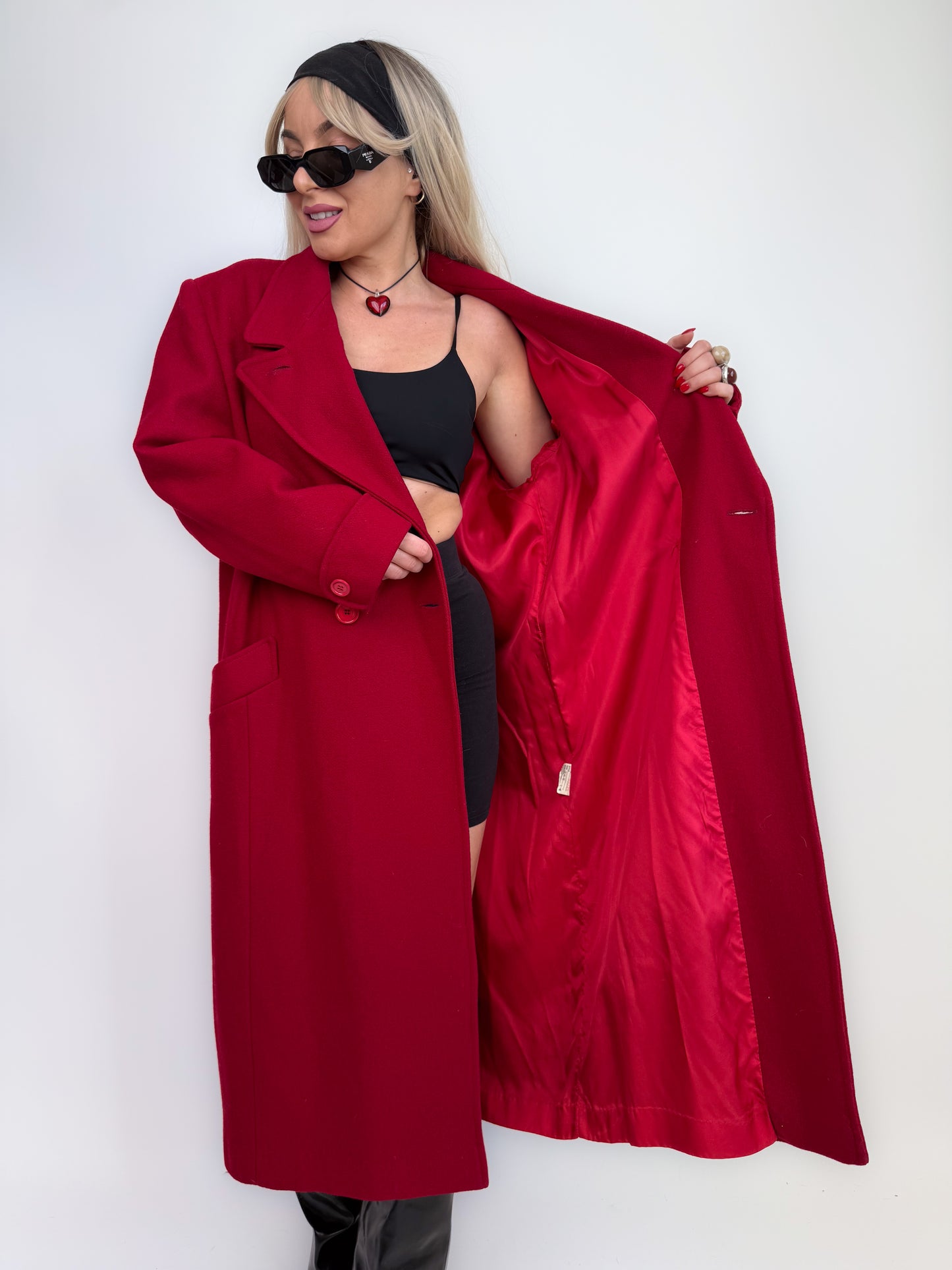 Vintage Red Pure Wool Trench Coat – Classic Full Length Double Breasted Fall Winter Jacket Size M-L
